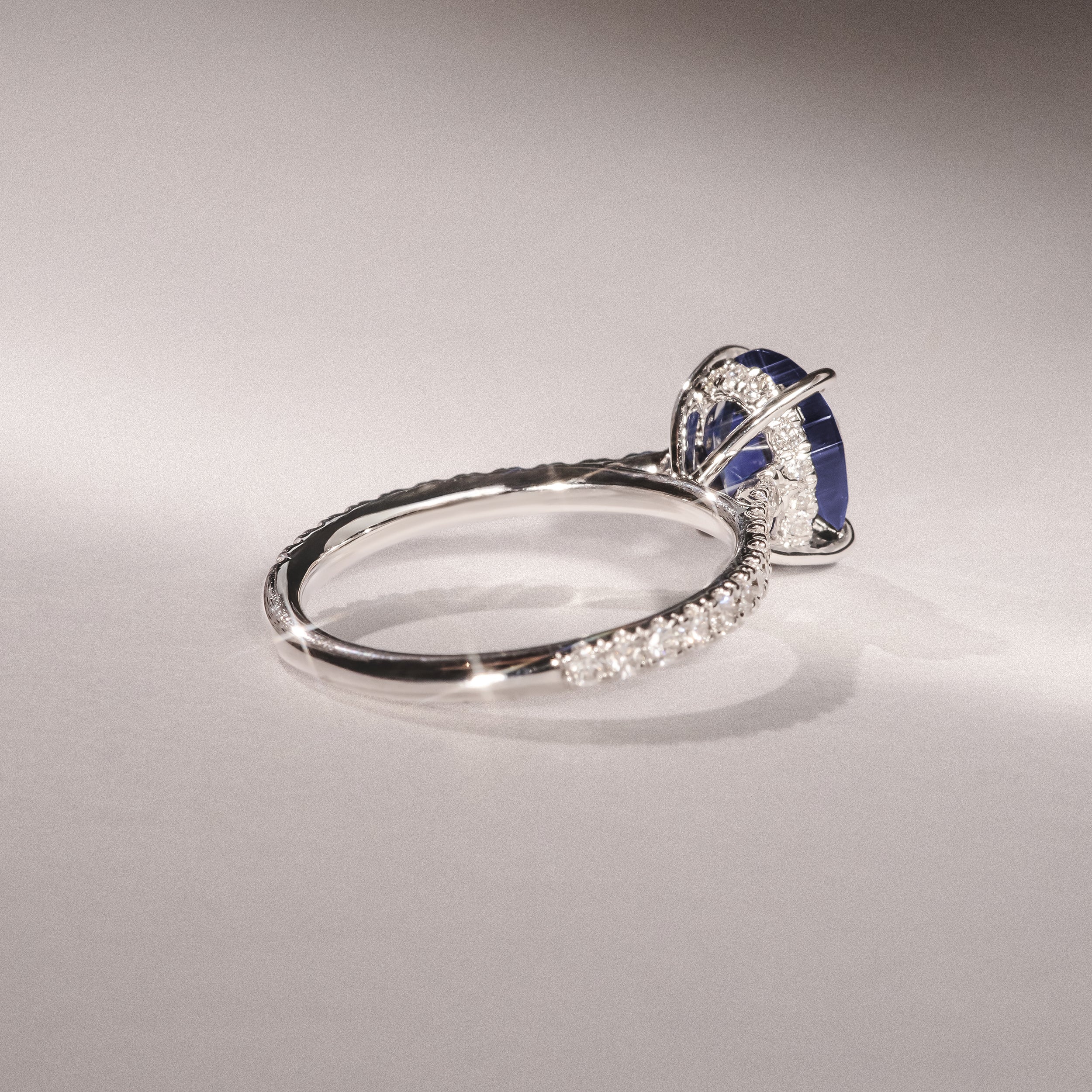 Amora 2.00ct Oval Cut Lab Sapphire Hidden Halo Engagement Ring with Side Stones in 18K White Gold - Image 8