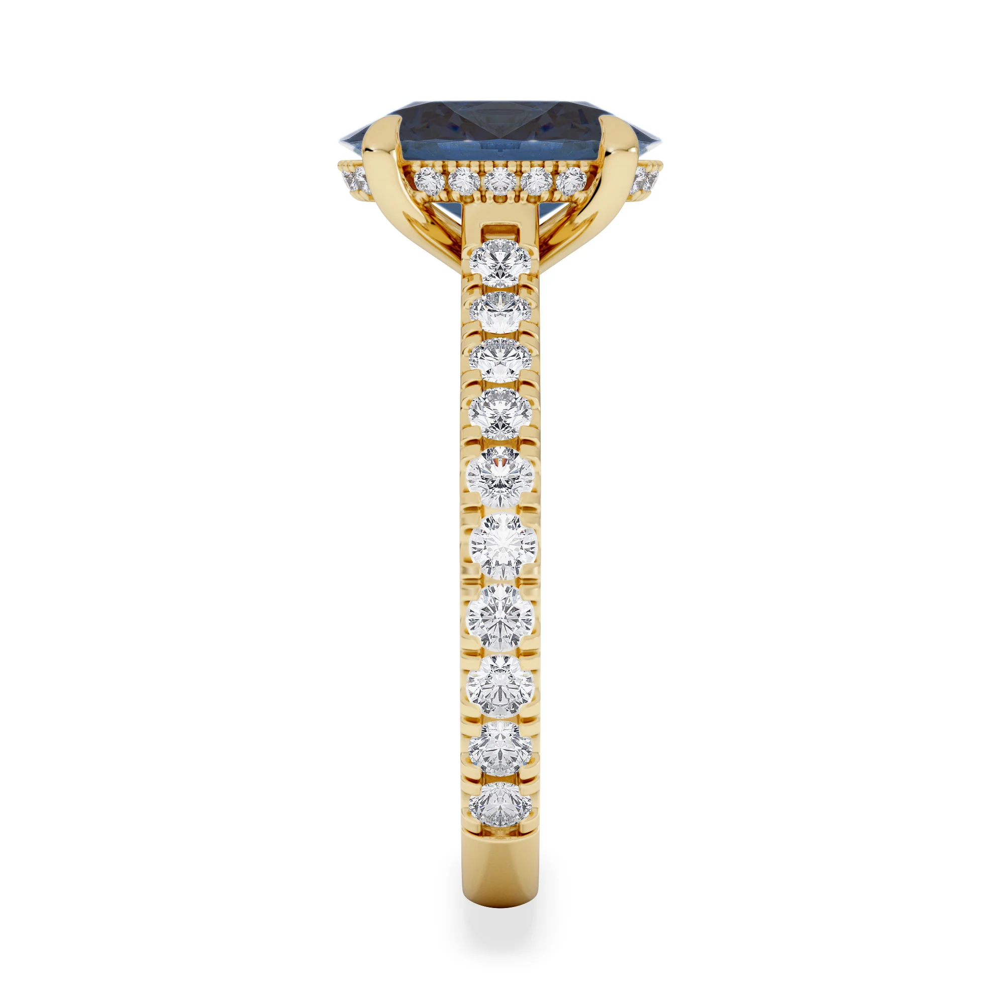 Amora 2.00ct Oval Cut Lab Sapphire Hidden Halo Engagement Ring with Side Stones in 18K Yellow Gold - Image 5