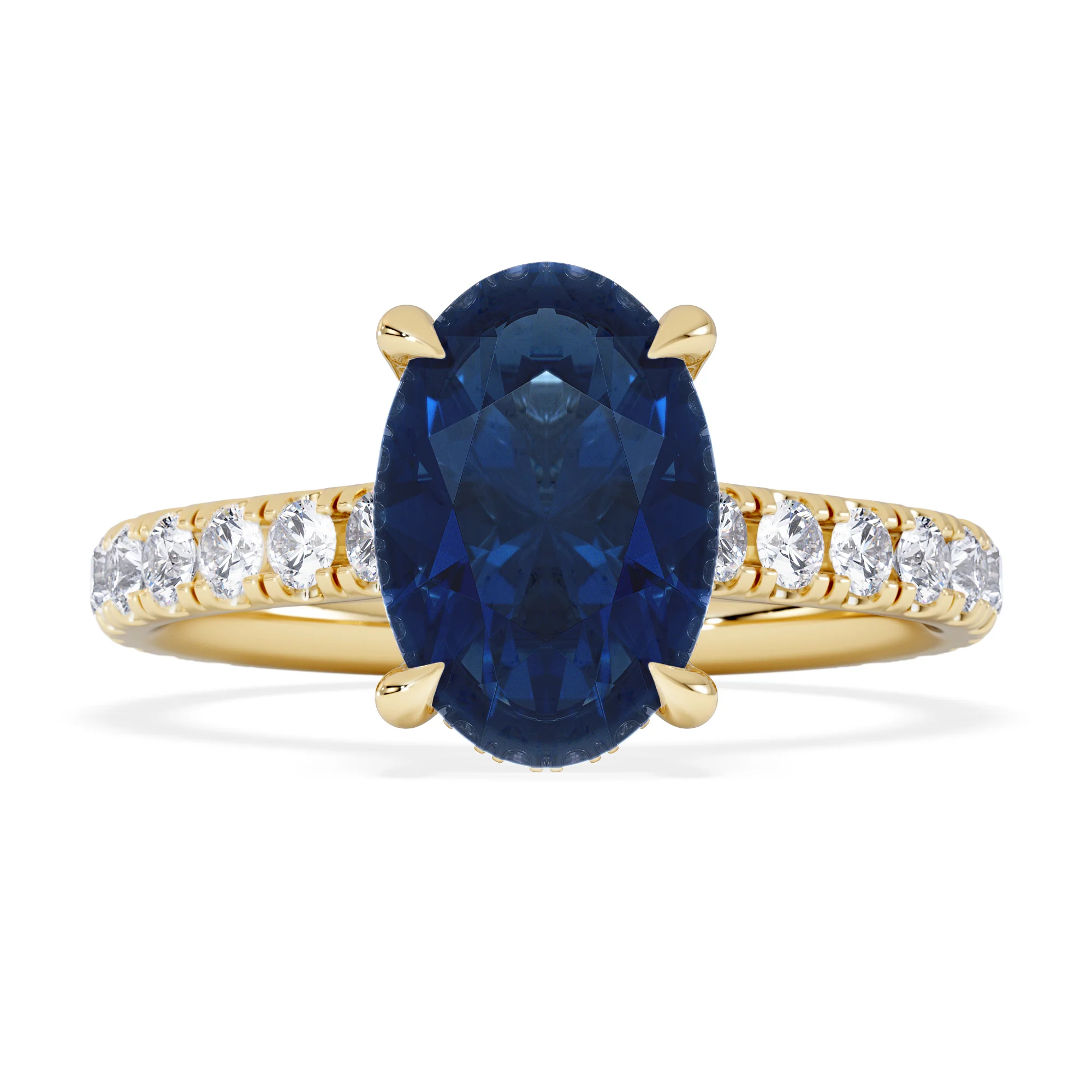 Amora 2.00ct Oval Cut Lab Sapphire Hidden Halo Engagement Ring with Side Stones in 18K Yellow Gold - Image 7