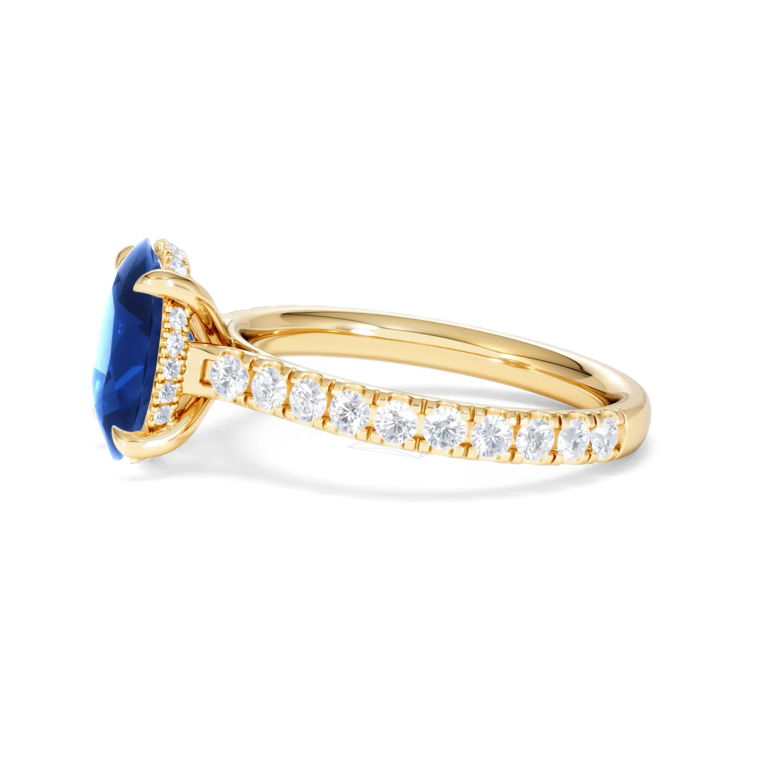 Amora 2.00ct Oval Cut Lab Sapphire Hidden Halo Engagement Ring with Side Stones in 18K Yellow Gold - Image 72