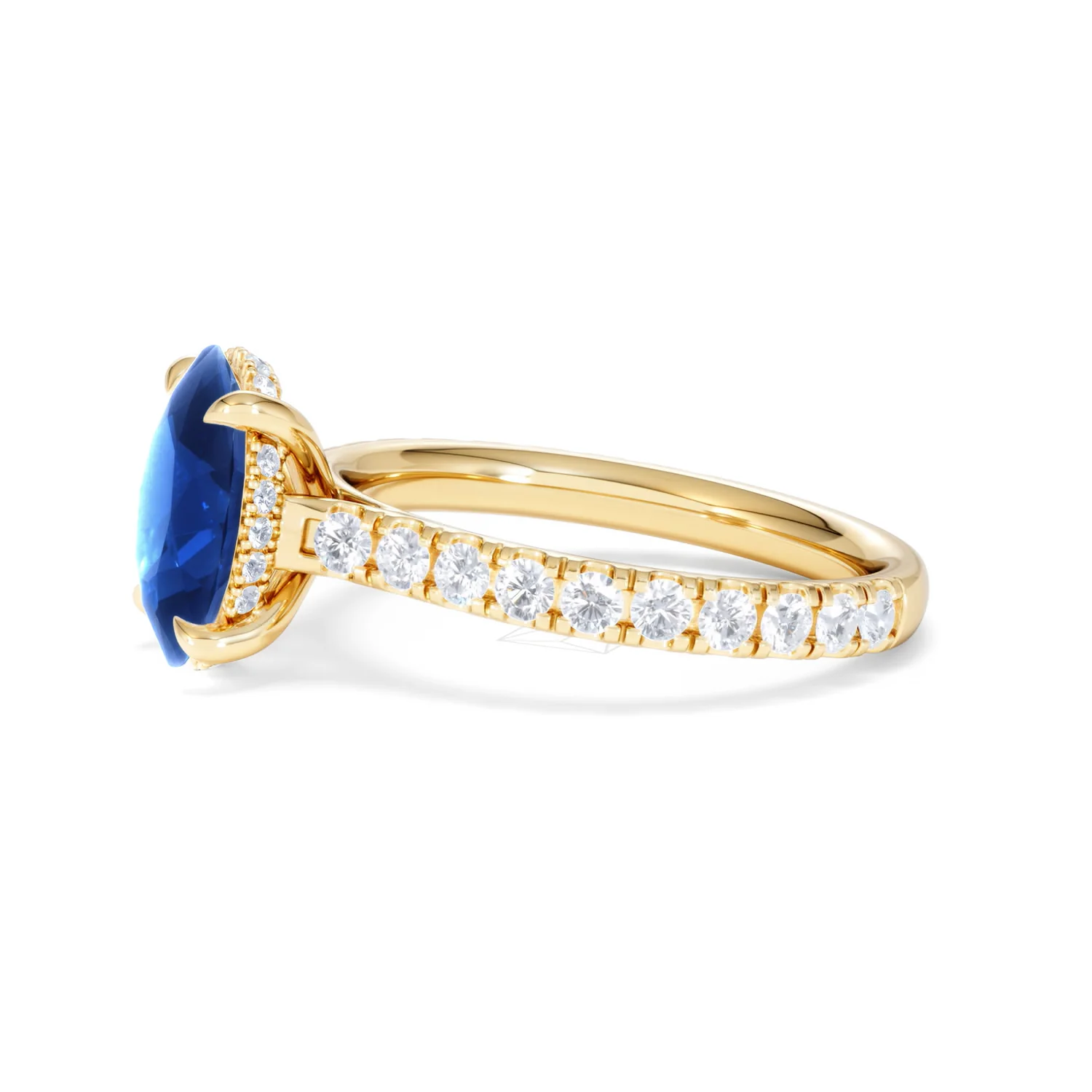 Amora 2.00ct Oval Cut Lab Sapphire Hidden Halo Engagement Ring with Side Stones in 18K Yellow Gold - Image 73