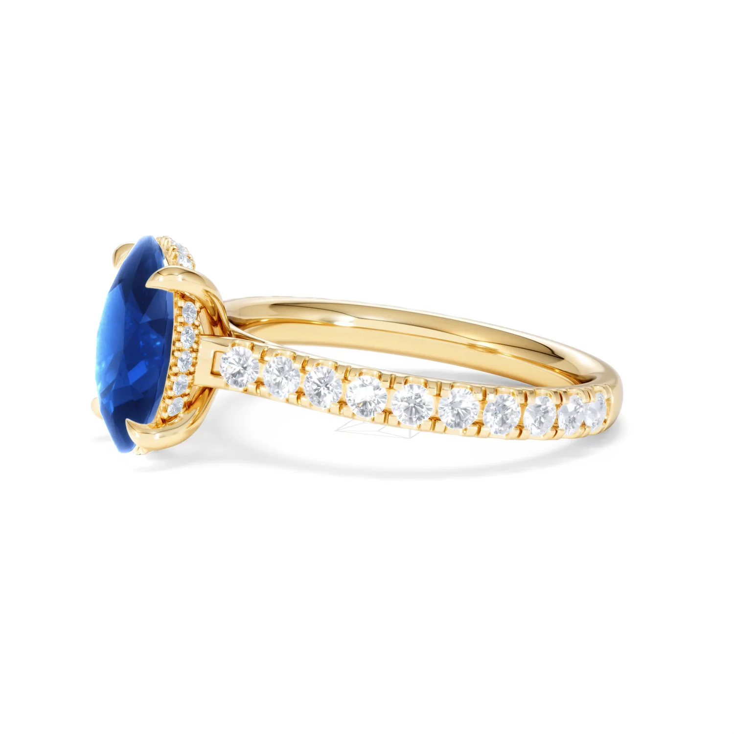 Amora 2.00ct Oval Cut Lab Sapphire Hidden Halo Engagement Ring with Side Stones in 18K Yellow Gold - Image 74