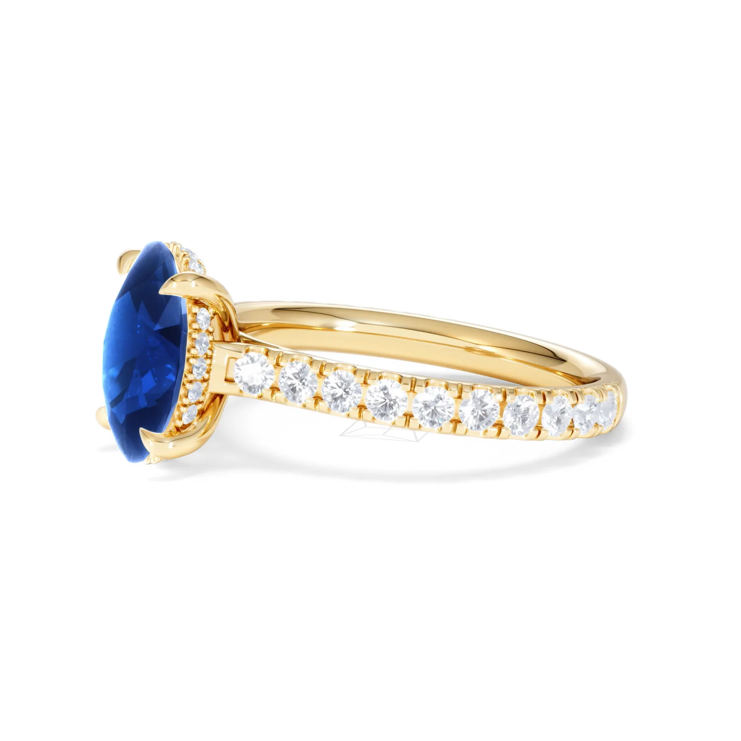 Amora 2.00ct Oval Cut Lab Sapphire Hidden Halo Engagement Ring with Side Stones in 18K Yellow Gold - Image 75