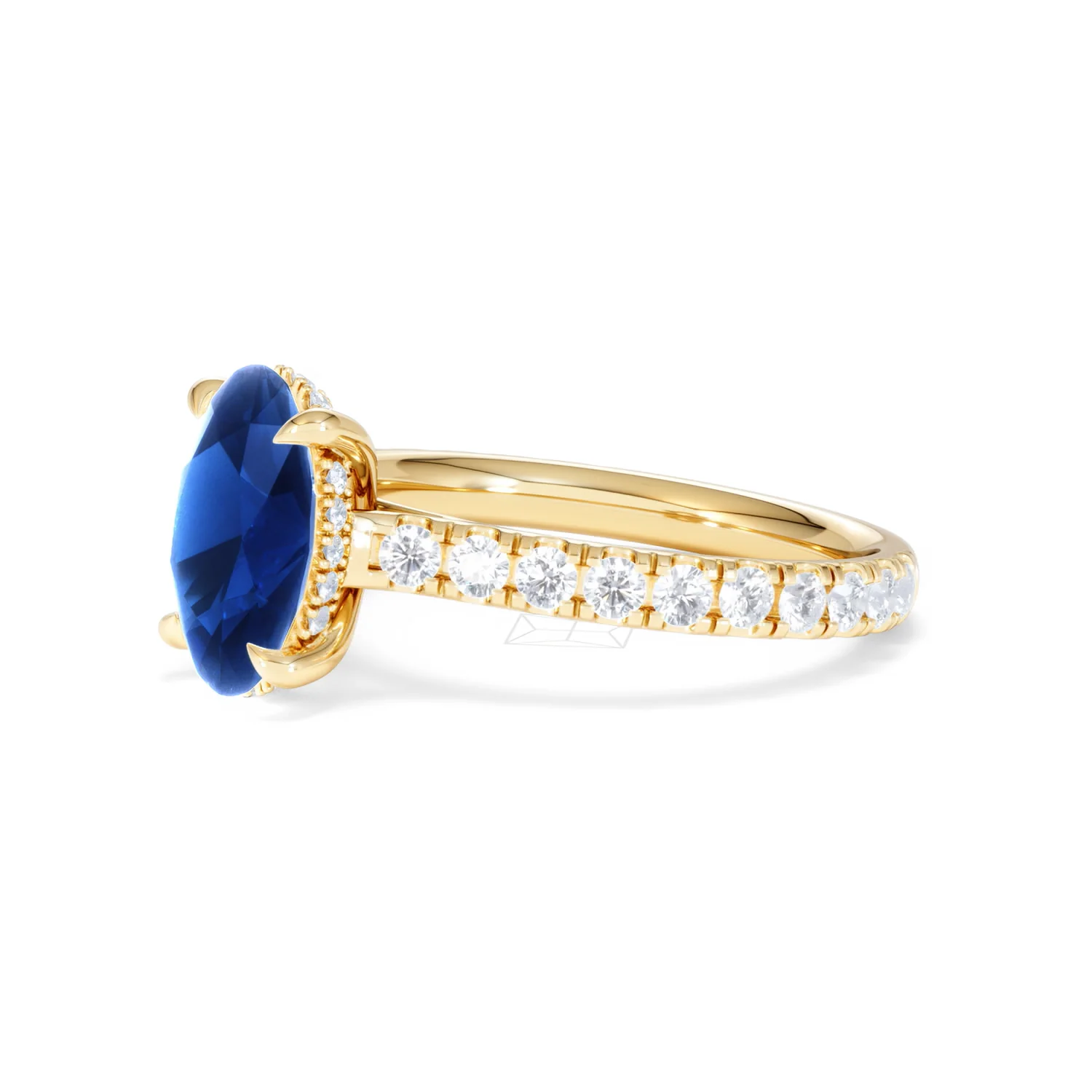 Amora 2.00ct Oval Cut Lab Sapphire Hidden Halo Engagement Ring with Side Stones in 18K Yellow Gold - Image 77