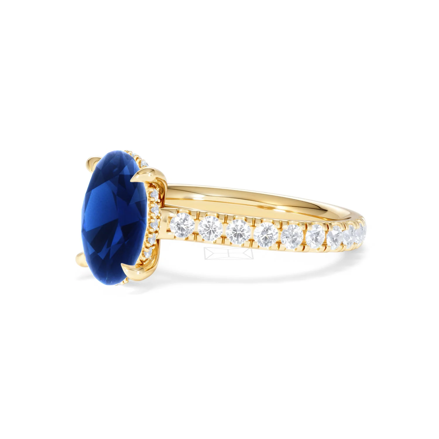 Amora 2.00ct Oval Cut Lab Sapphire Hidden Halo Engagement Ring with Side Stones in 18K Yellow Gold - Image 79
