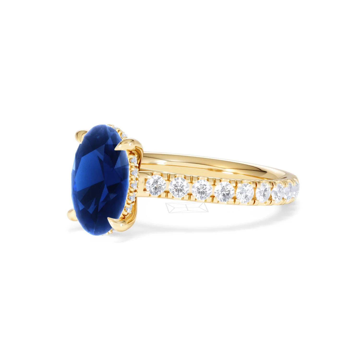 Amora 2.00ct Oval Cut Lab Sapphire Hidden Halo Engagement Ring with Side Stones in 18K Yellow Gold - Image 80