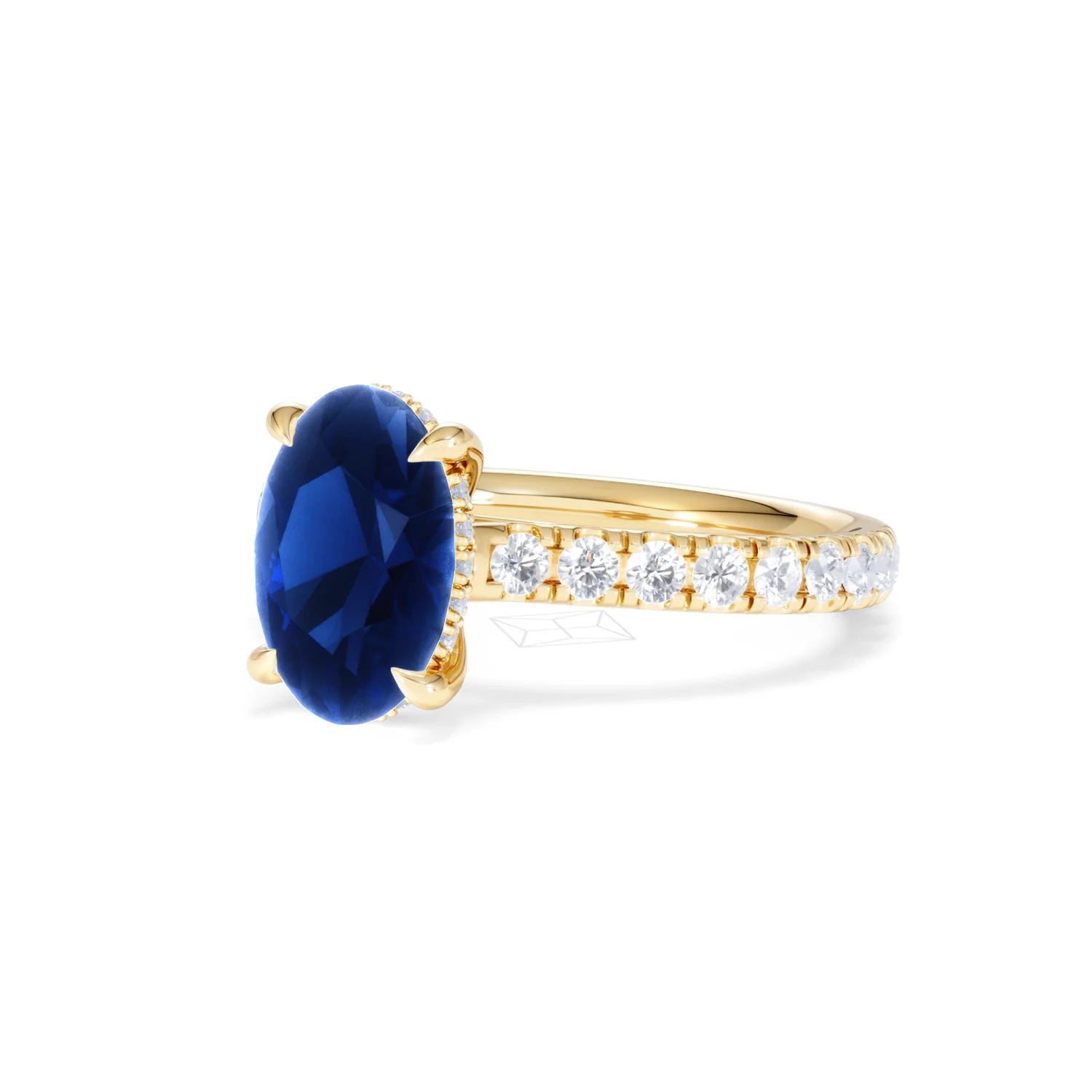 Amora 2.00ct Oval Cut Lab Sapphire Hidden Halo Engagement Ring with Side Stones in 18K Yellow Gold - Image 82