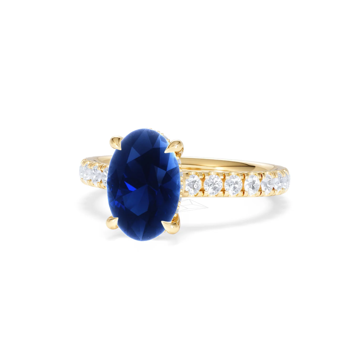 Amora 2.00ct Oval Cut Lab Sapphire Hidden Halo Engagement Ring with Side Stones in 18K Yellow Gold - Image 85
