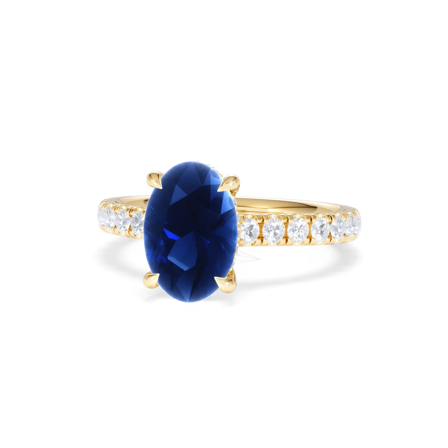 Amora 2.00ct Oval Cut Lab Sapphire Hidden Halo Engagement Ring with Side Stones in 18K Yellow Gold - Image 86