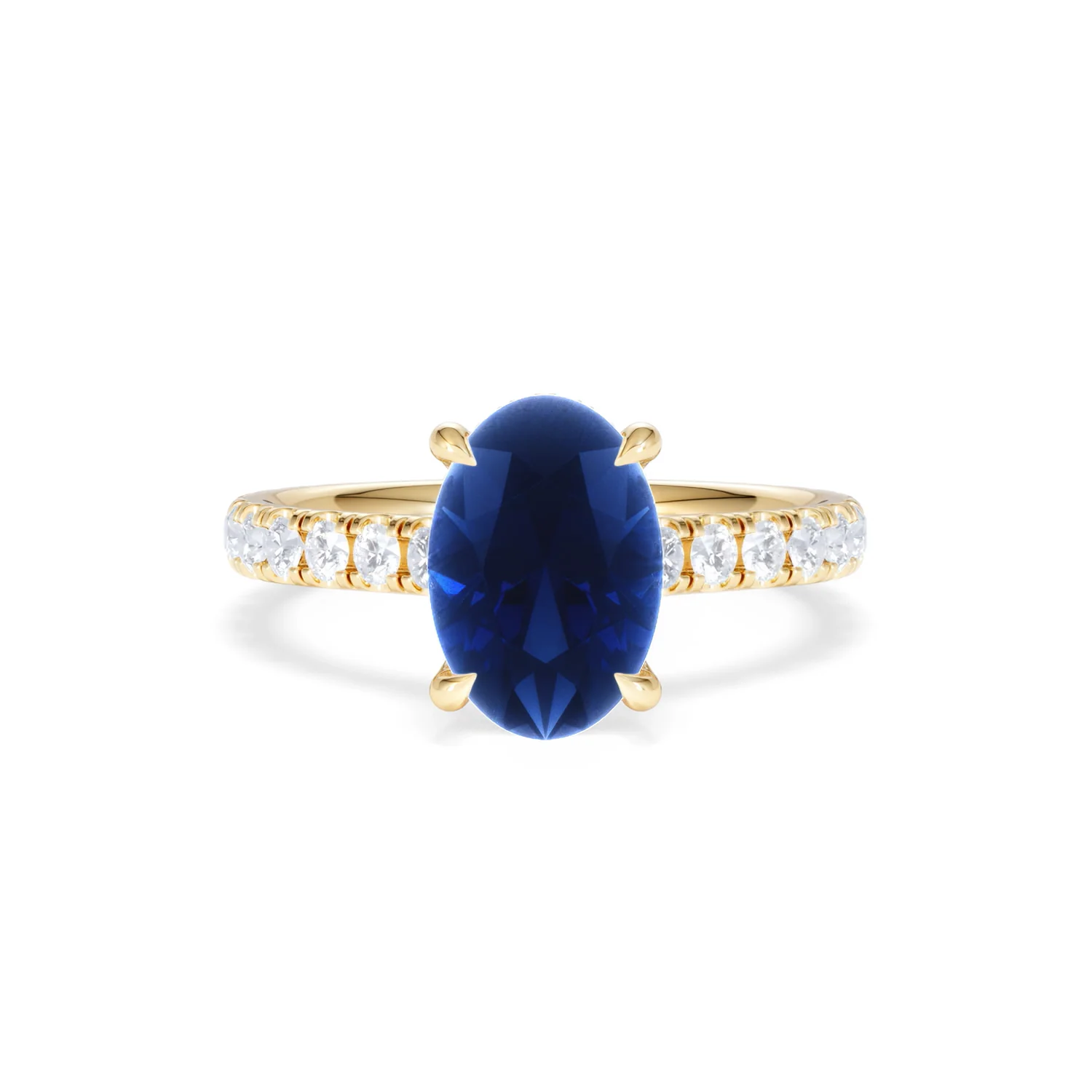 Amora 2.00ct Oval Cut Lab Sapphire Hidden Halo Engagement Ring with Side Stones in 18K Yellow Gold - Image 9