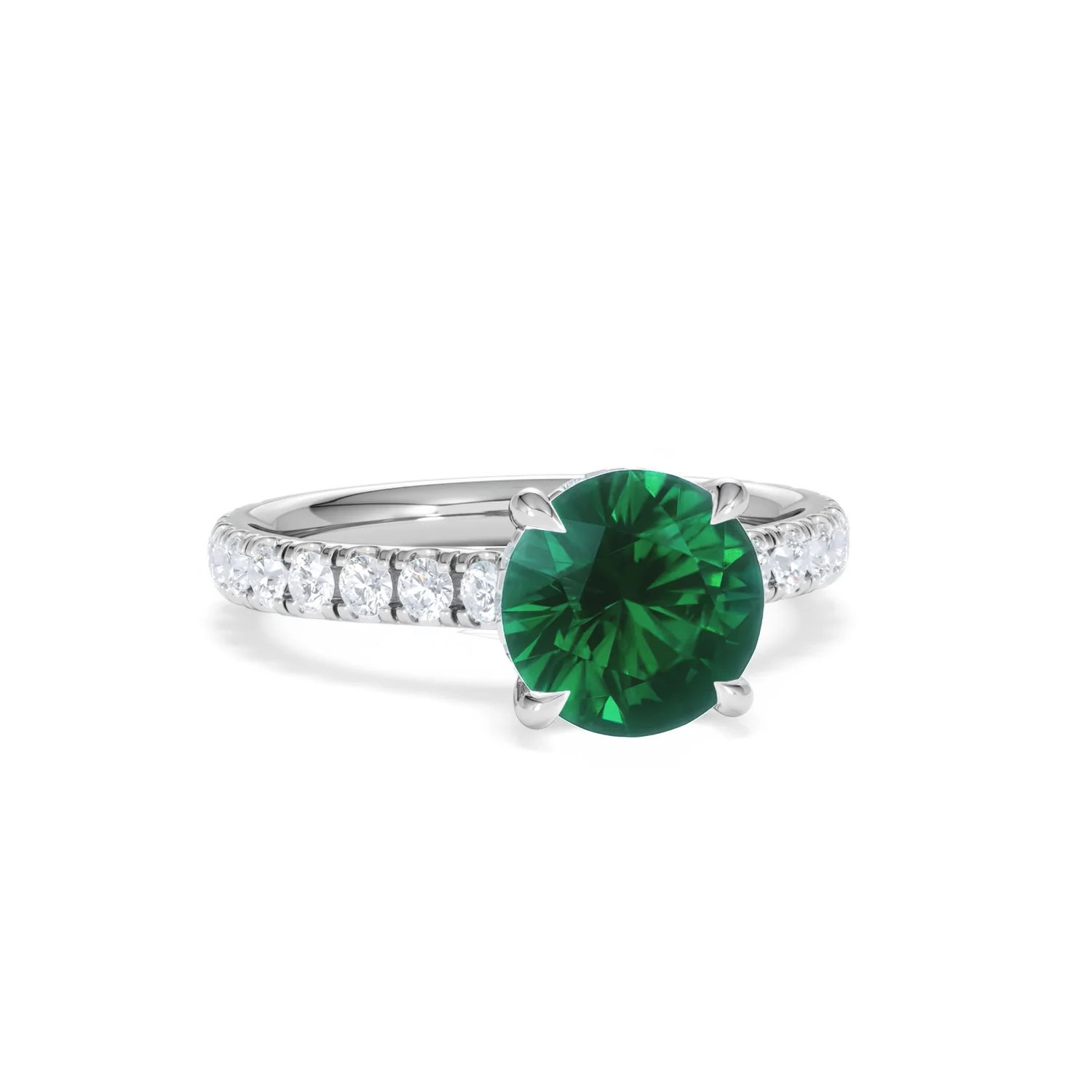 Amora 2.00ct Round Cut Lab Emerald Hidden Halo Engagement Ring with Side Stones in 18K White Gold - Image 11