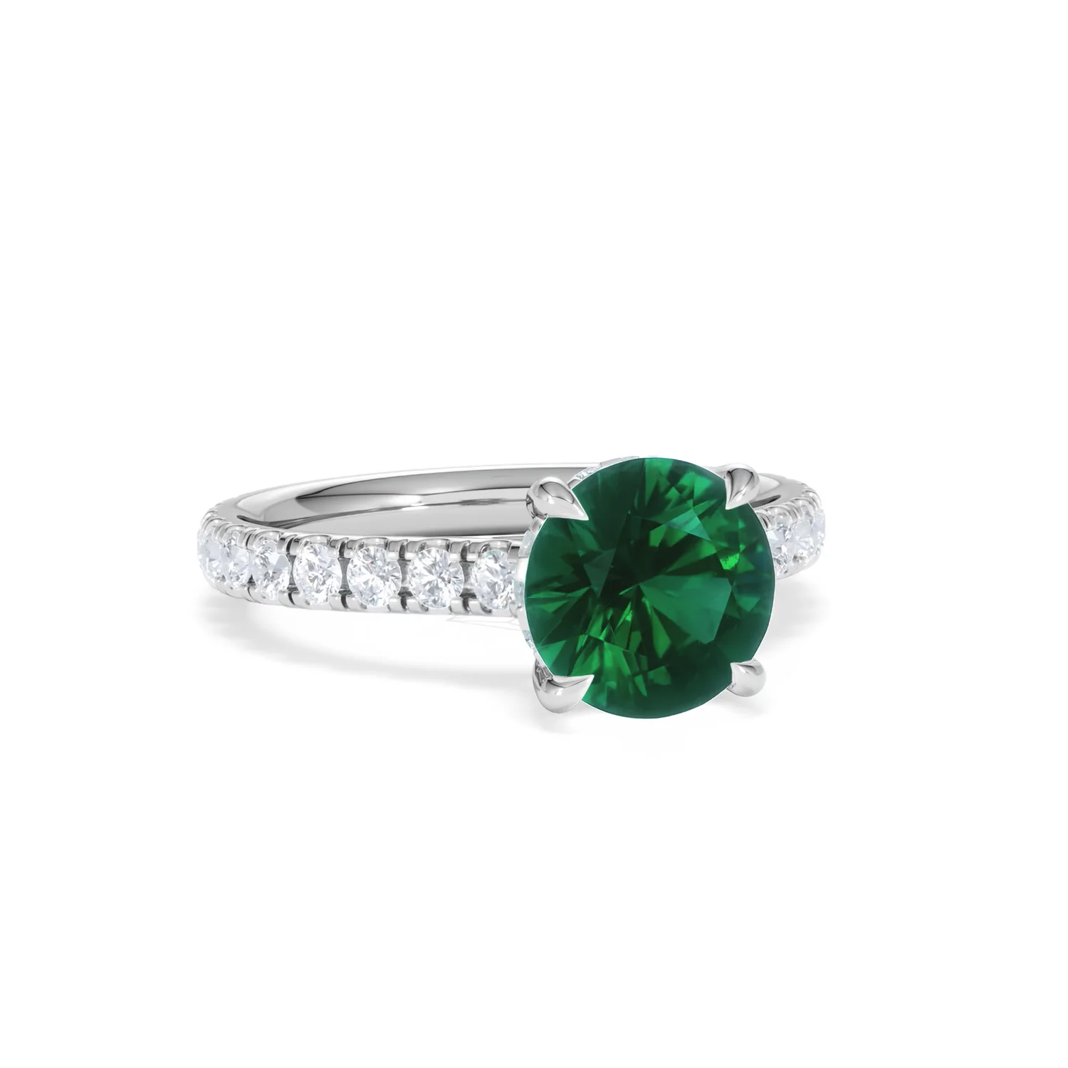 Amora 2.00ct Round Cut Lab Emerald Hidden Halo Engagement Ring with Side Stones in 18K White Gold - Image 12