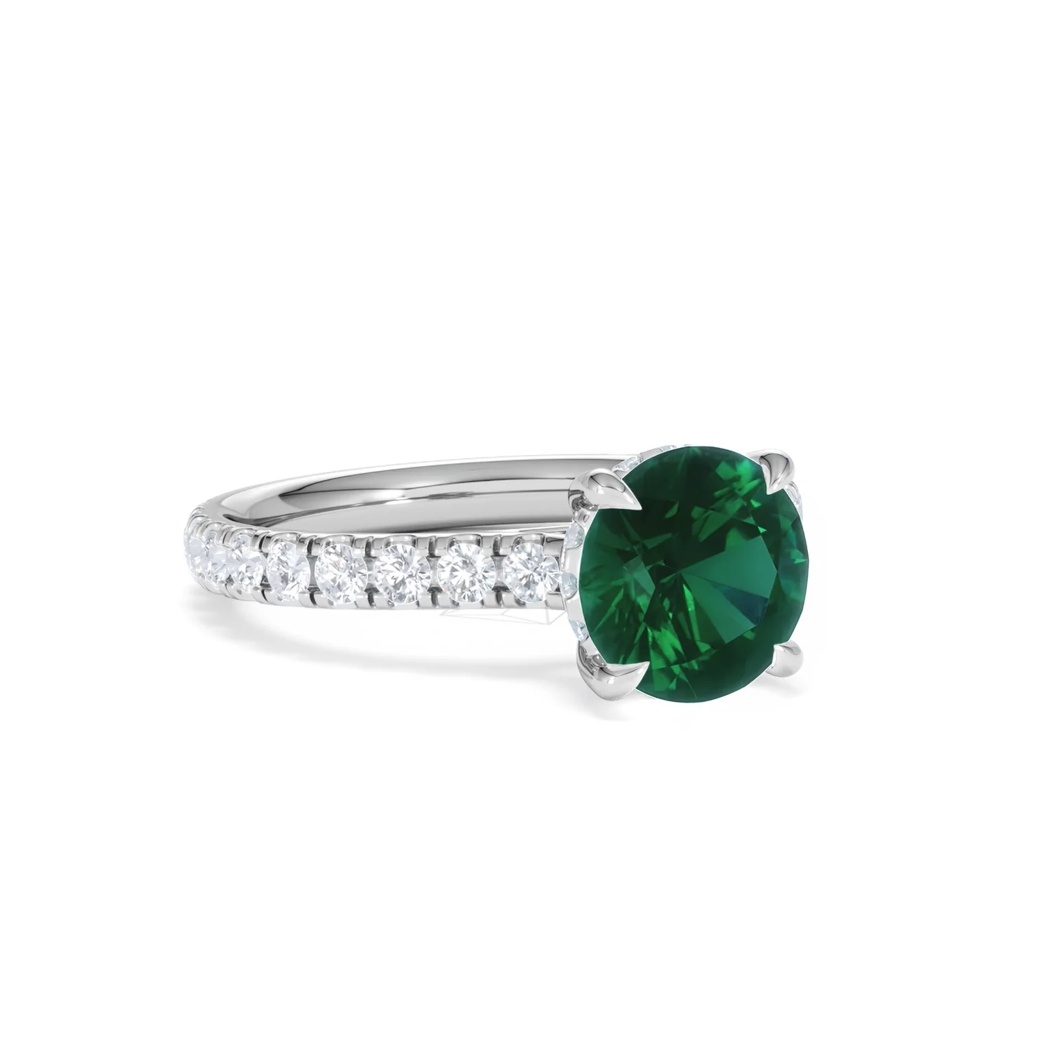 Amora 2.00ct Round Cut Lab Emerald Hidden Halo Engagement Ring with Side Stones in 18K White Gold - Image 14