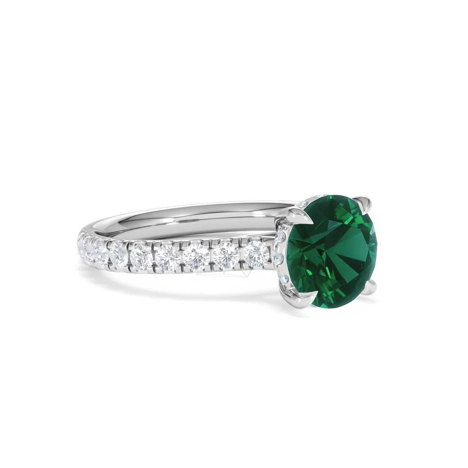 Amora 2.00ct Round Cut Lab Emerald Hidden Halo Engagement Ring with Side Stones in 18K White Gold - Image 16