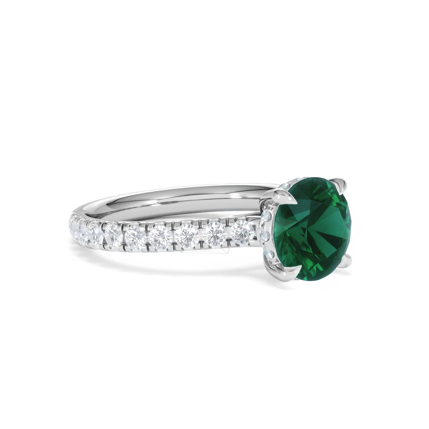 Amora 2.00ct Round Cut Lab Emerald Hidden Halo Engagement Ring with Side Stones in 18K White Gold - Image 17