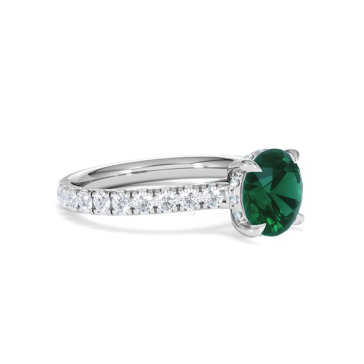 Amora 2.00ct Round Cut Lab Emerald Hidden Halo Engagement Ring with Side Stones in 18K White Gold - Image 18