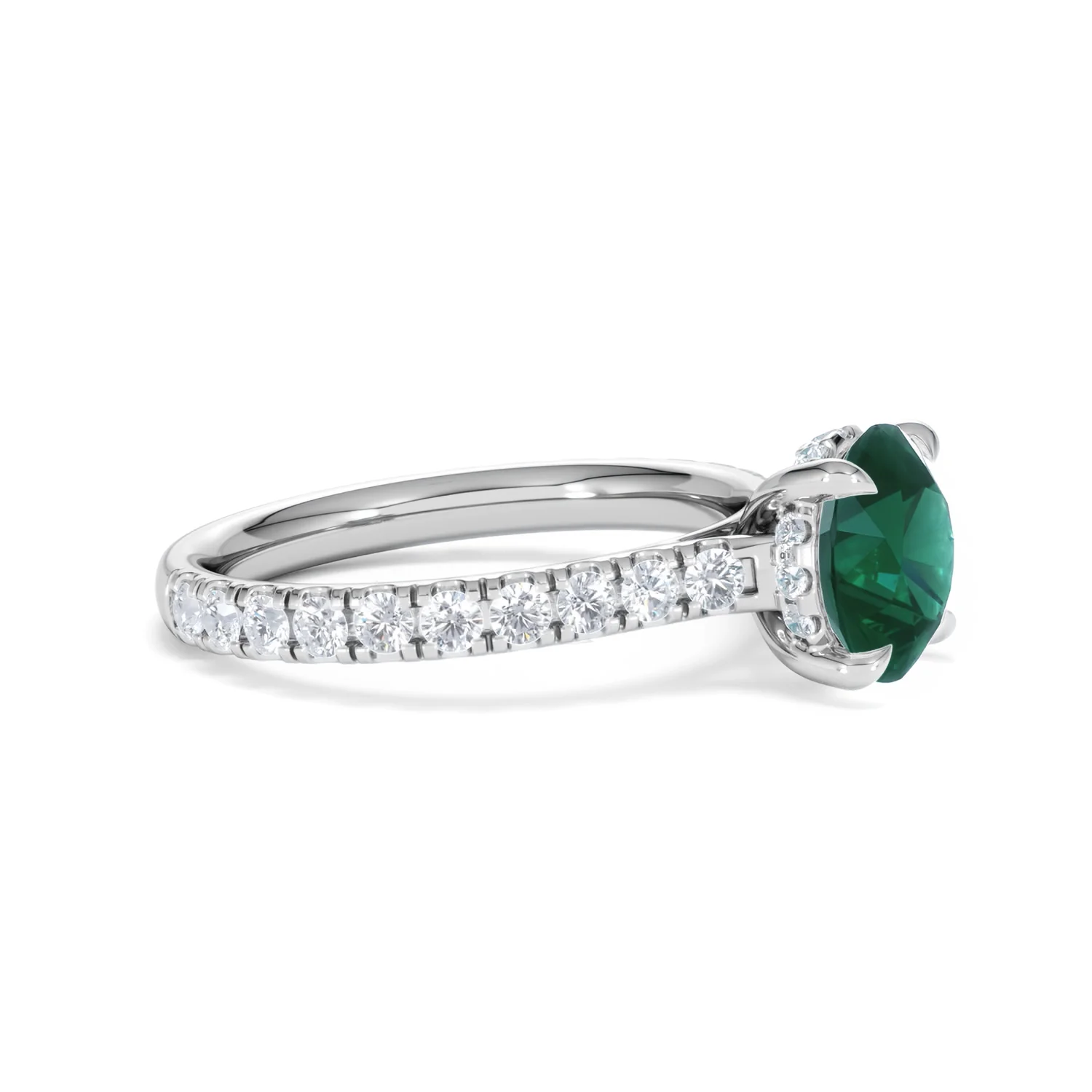Amora 2.00ct Round Cut Lab Emerald Hidden Halo Engagement Ring with Side Stones in 18K White Gold - Image 22