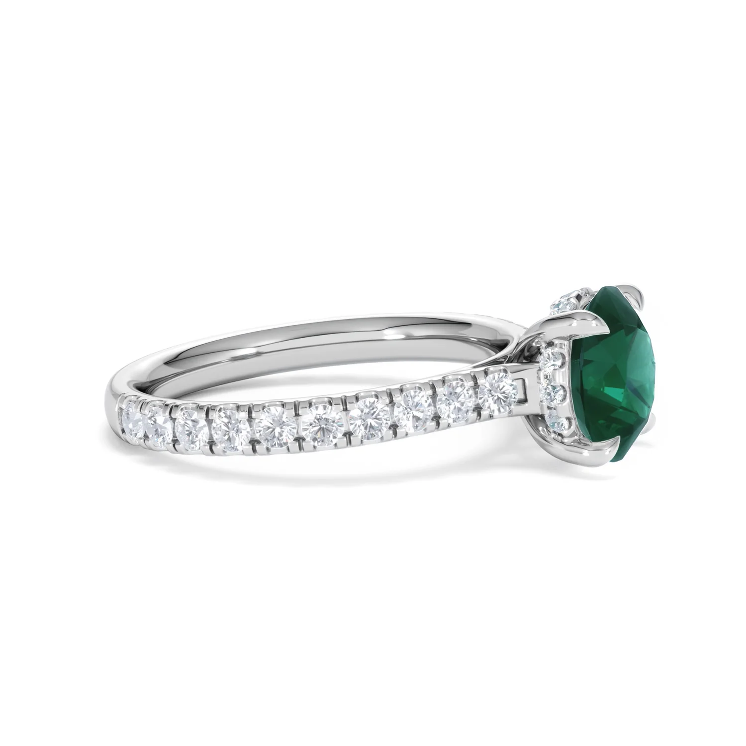Amora 2.00ct Round Cut Lab Emerald Hidden Halo Engagement Ring with Side Stones in 18K White Gold - Image 23