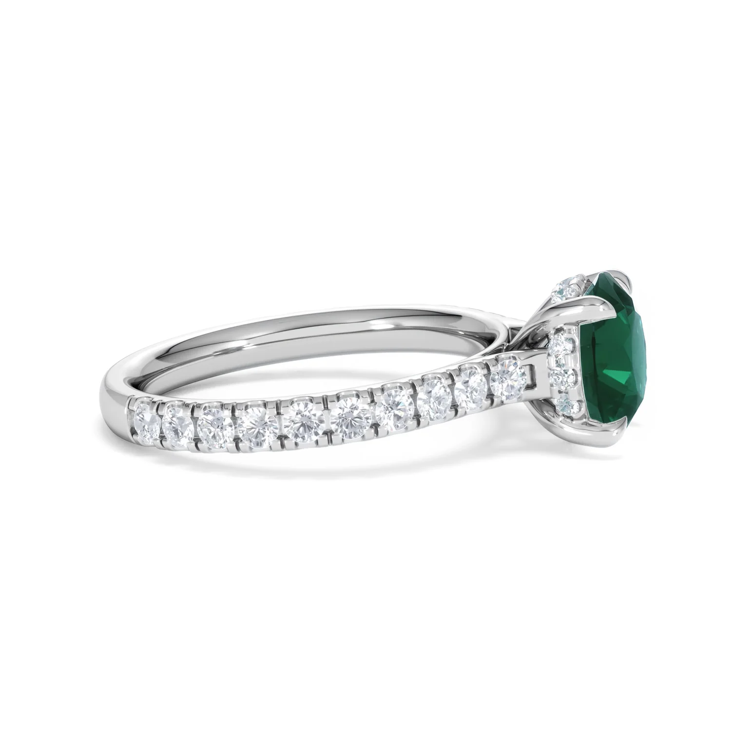 Amora 2.00ct Round Cut Lab Emerald Hidden Halo Engagement Ring with Side Stones in 18K White Gold - Image 25