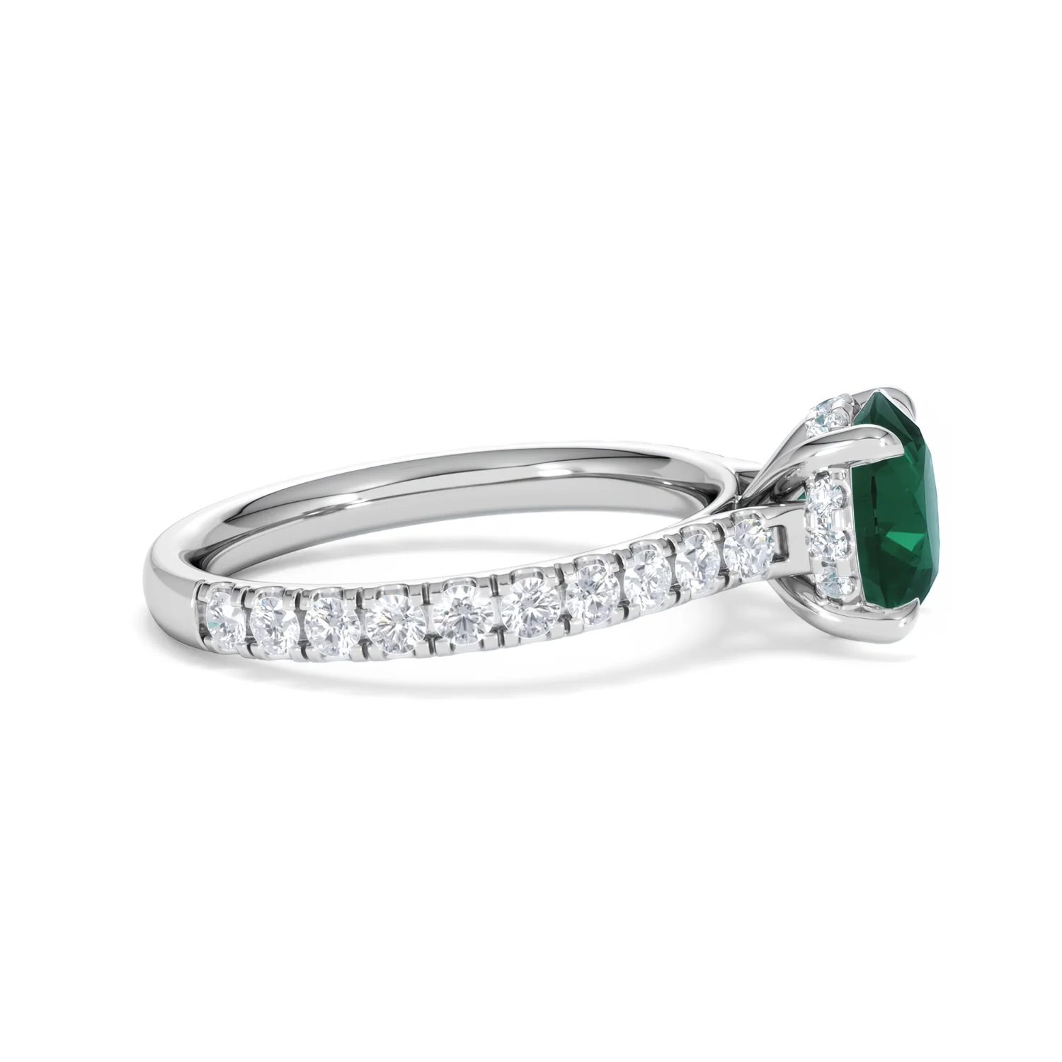 Amora 2.00ct Round Cut Lab Emerald Hidden Halo Engagement Ring with Side Stones in 18K White Gold - Image 26