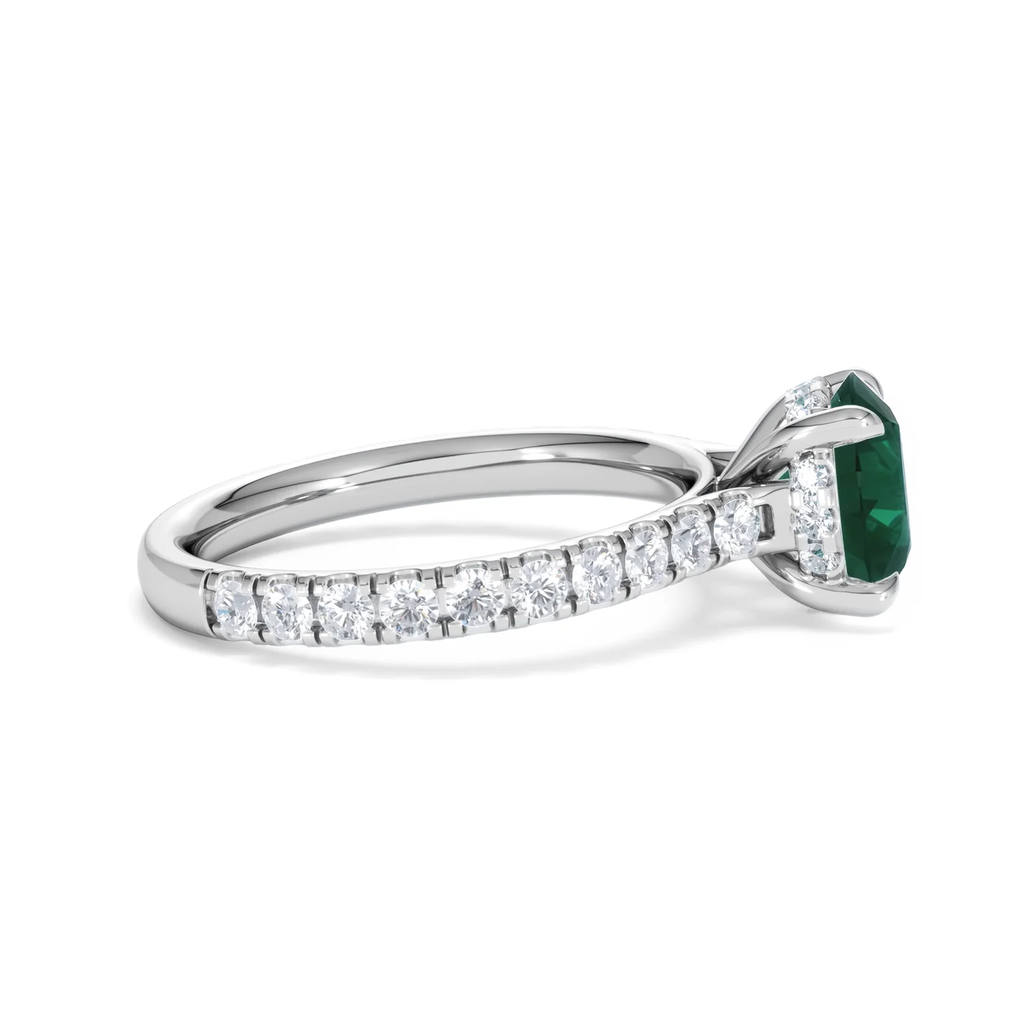 Amora 2.00ct Round Cut Lab Emerald Hidden Halo Engagement Ring with Side Stones in 18K White Gold - Image 27