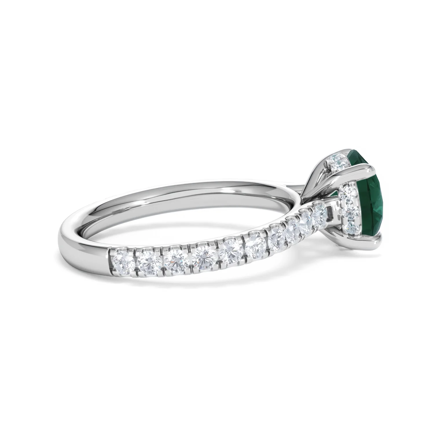 Amora 2.00ct Round Cut Lab Emerald Hidden Halo Engagement Ring with Side Stones in 18K White Gold - Image 30