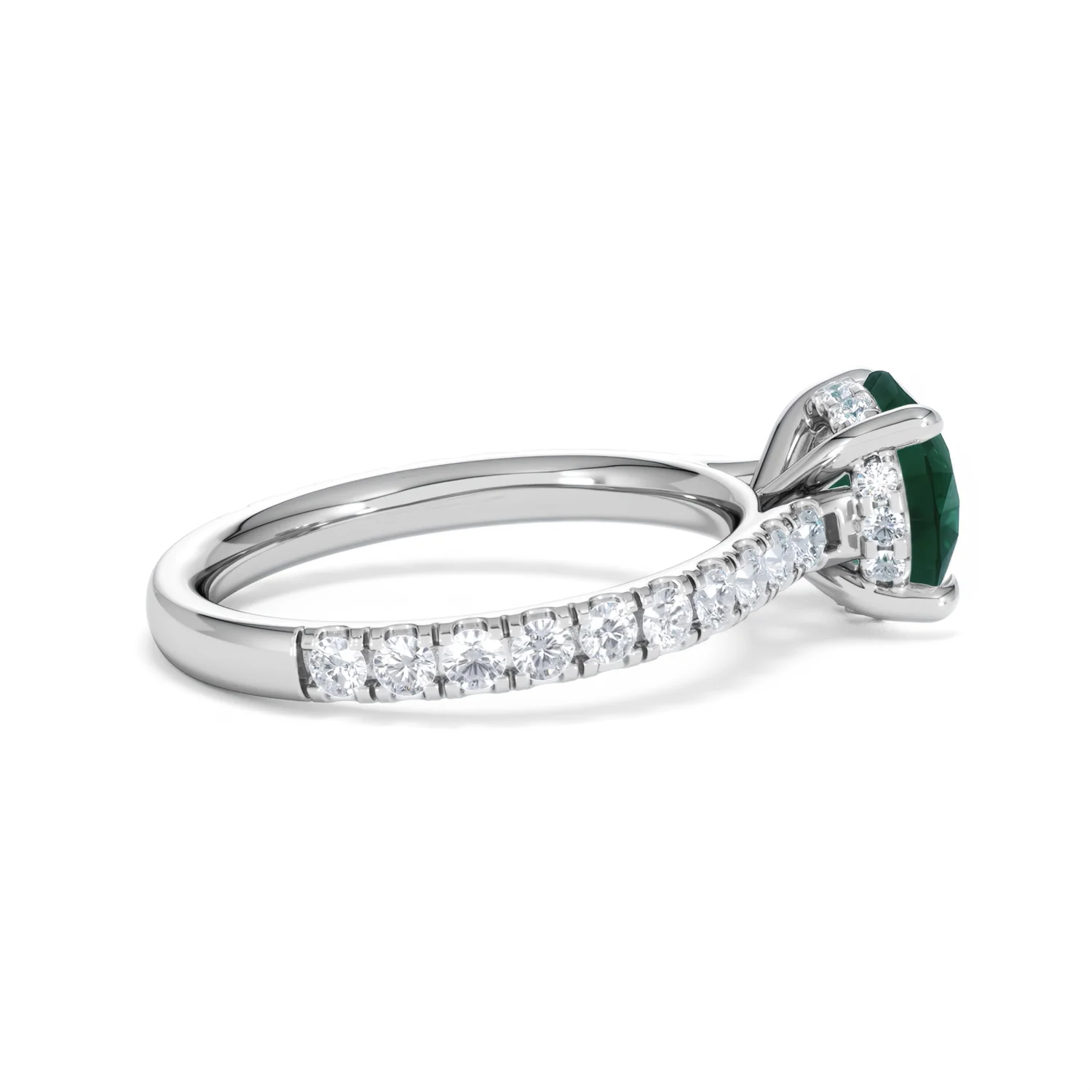 Amora 2.00ct Round Cut Lab Emerald Hidden Halo Engagement Ring with Side Stones in 18K White Gold - Image 31