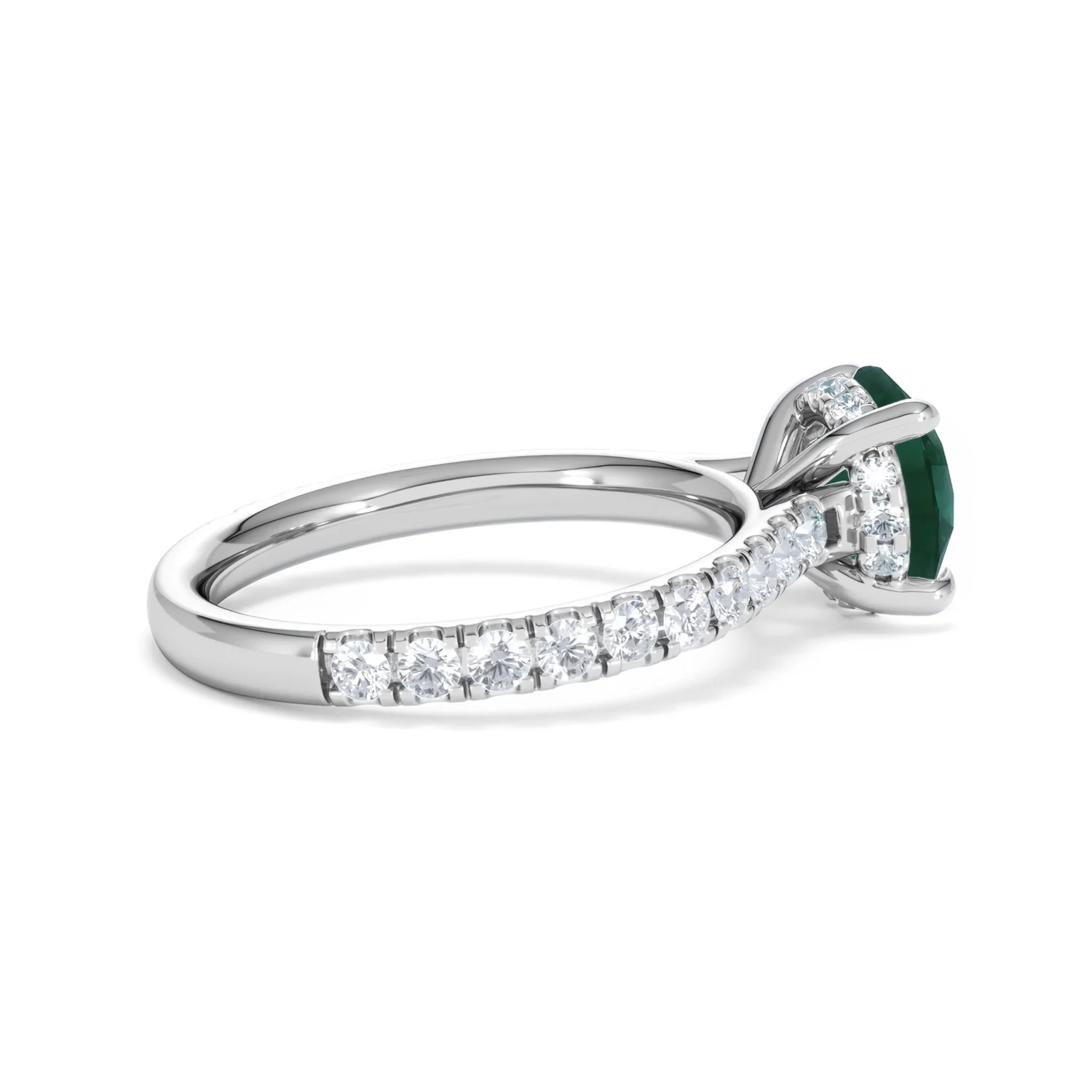 Amora 2.00ct Round Cut Lab Emerald Hidden Halo Engagement Ring with Side Stones in 18K White Gold - Image 32