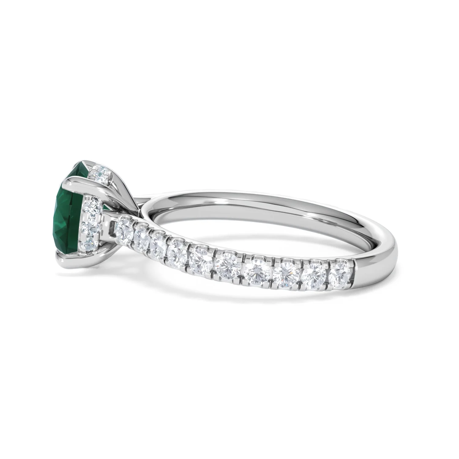Amora 2.00ct Round Cut Lab Emerald Hidden Halo Engagement Ring with Side Stones in 18K White Gold - Image 67