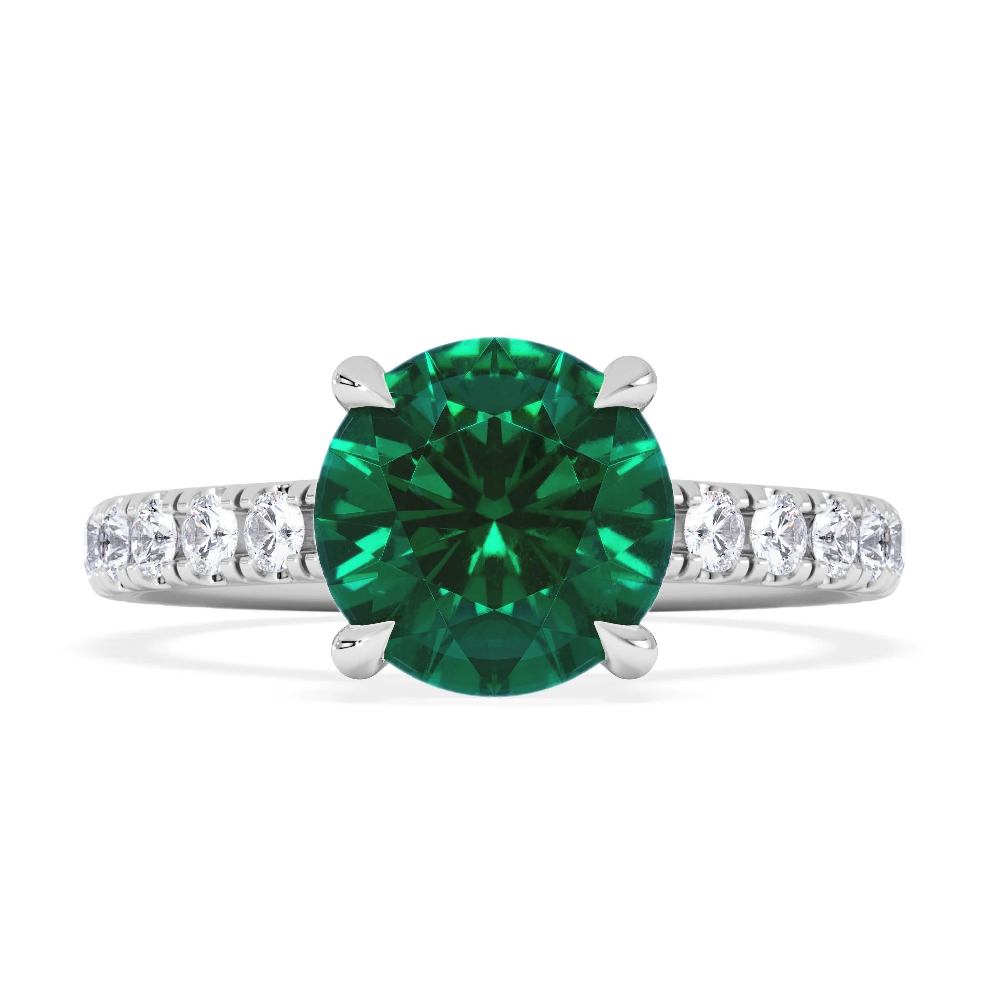 Amora 2.00ct Round Cut Lab Emerald Hidden Halo Engagement Ring with Side Stones in 18K White Gold - Image 7