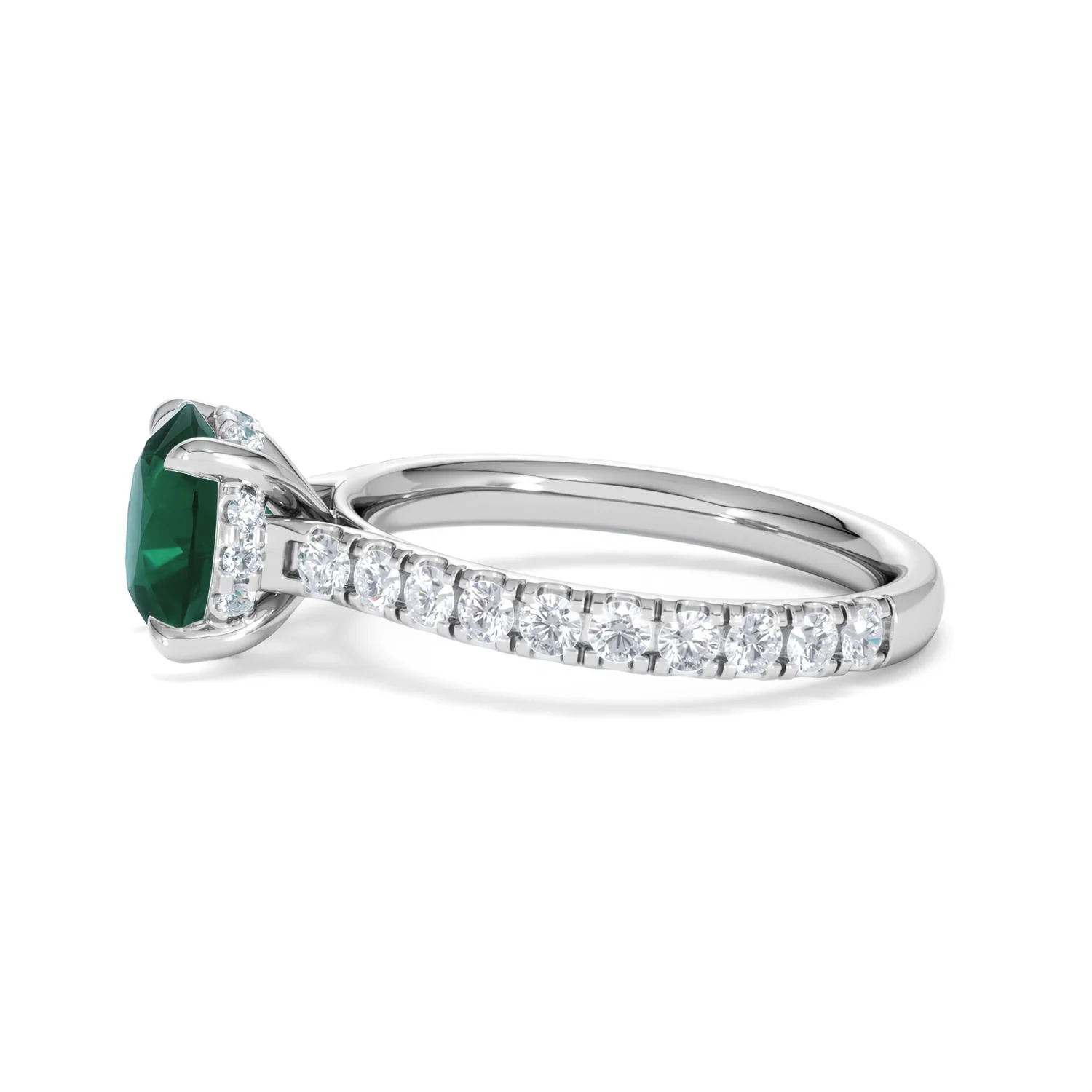 Amora 2.00ct Round Cut Lab Emerald Hidden Halo Engagement Ring with Side Stones in 18K White Gold - Image 70