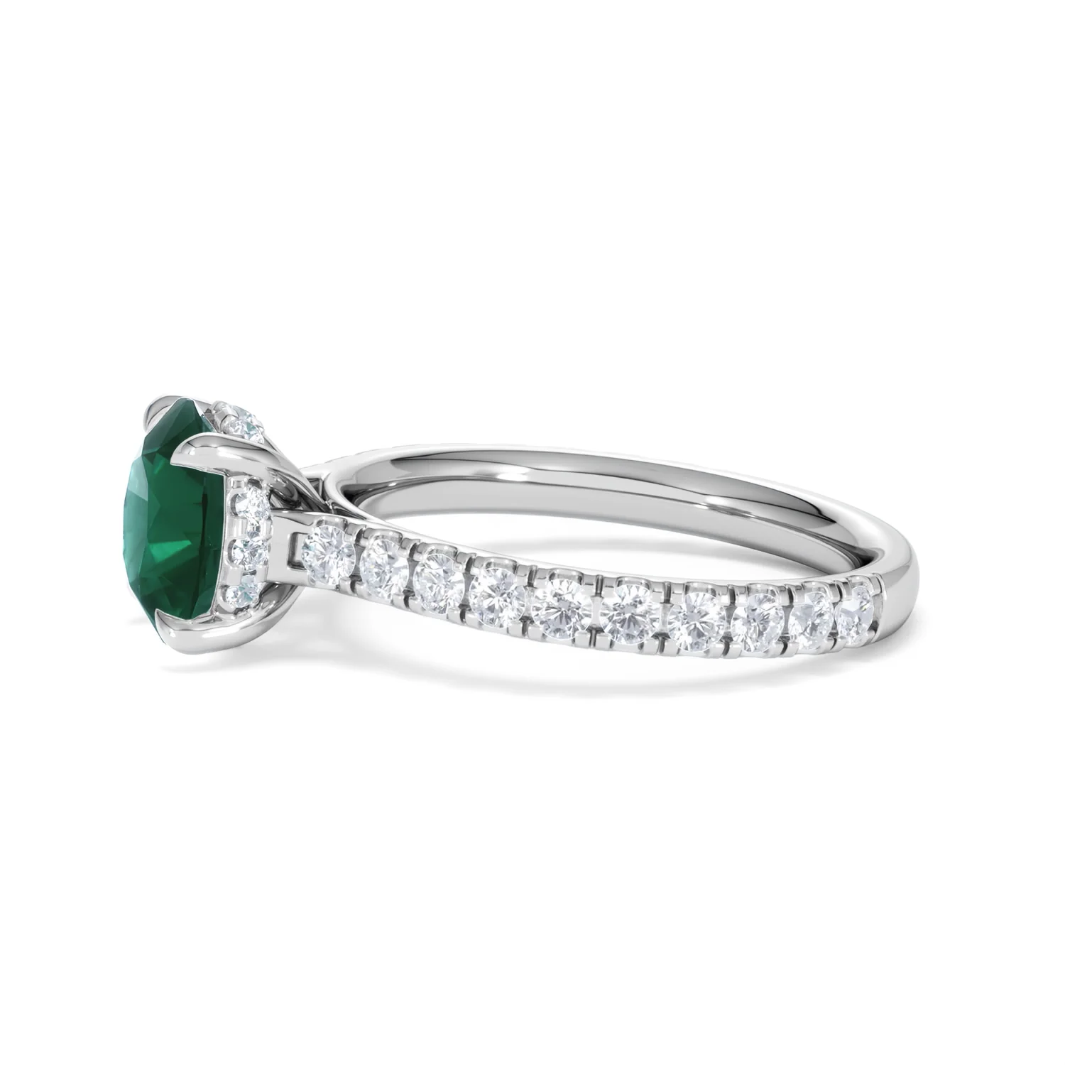 Amora 2.00ct Round Cut Lab Emerald Hidden Halo Engagement Ring with Side Stones in 18K White Gold - Image 71