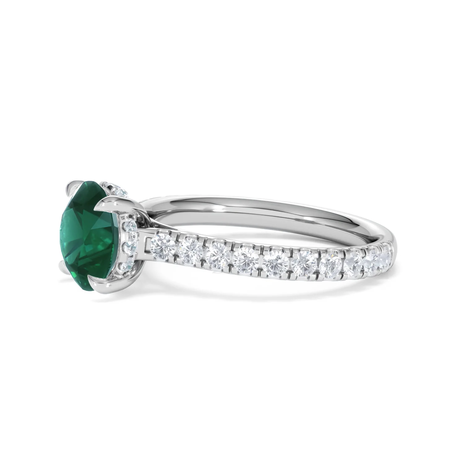Amora 2.00ct Round Cut Lab Emerald Hidden Halo Engagement Ring with Side Stones in 18K White Gold - Image 74