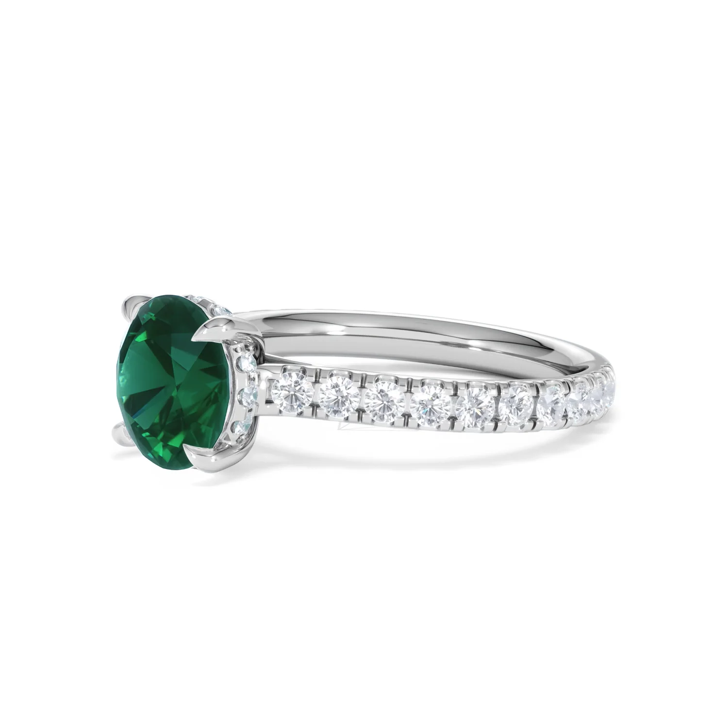 Amora 2.00ct Round Cut Lab Emerald Hidden Halo Engagement Ring with Side Stones in 18K White Gold - Image 77