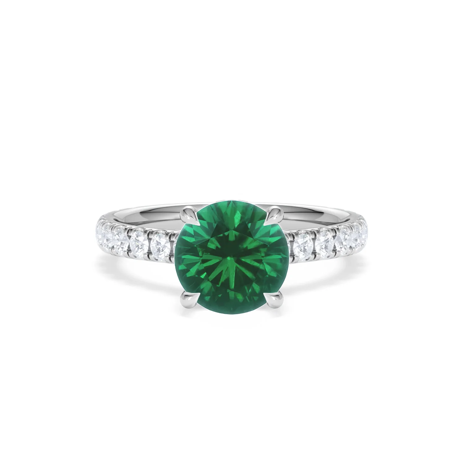 Amora 2.00ct Round Cut Lab Emerald Hidden Halo Engagement Ring with Side Stones in 18K White Gold - Image 8
