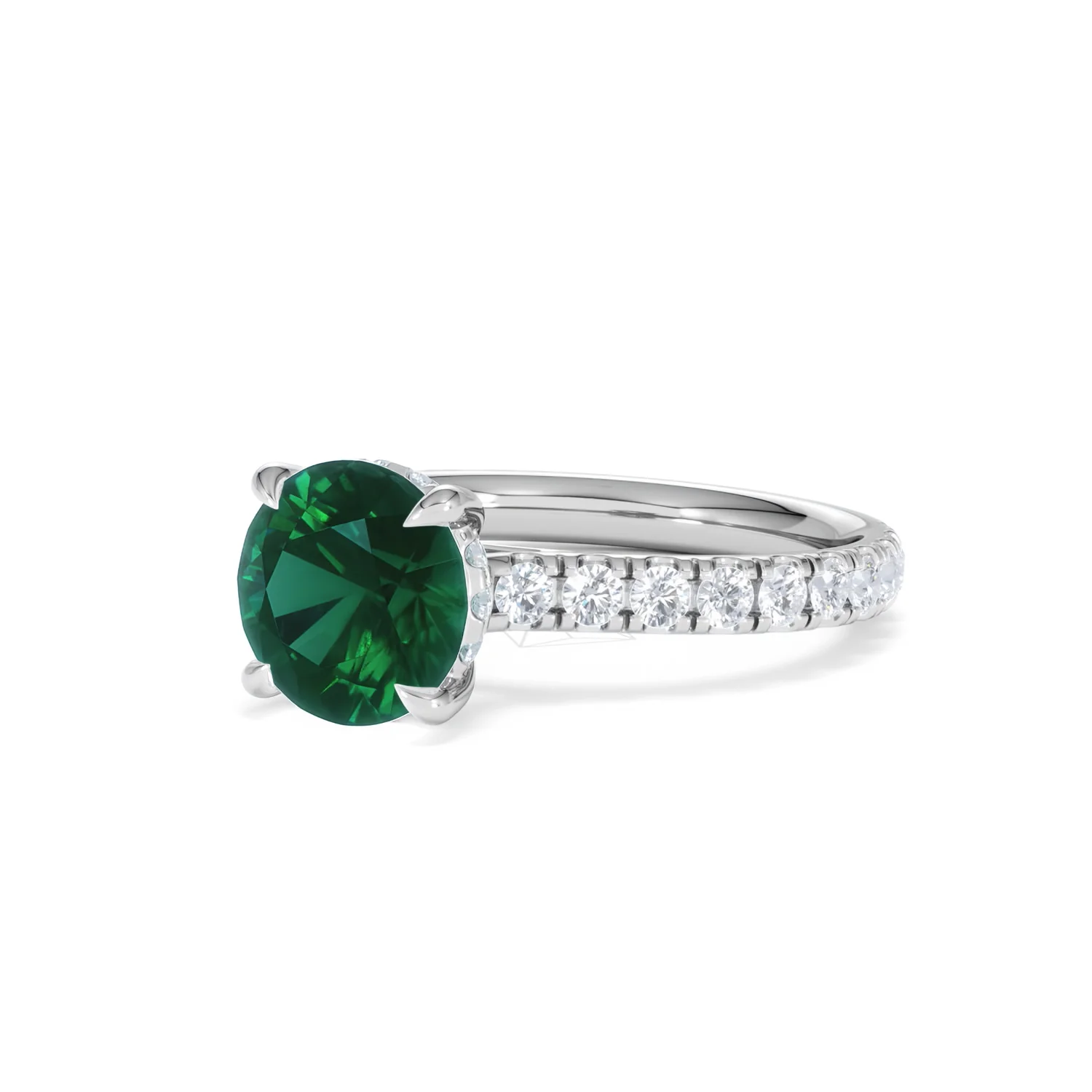 Amora 2.00ct Round Cut Lab Emerald Hidden Halo Engagement Ring with Side Stones in 18K White Gold - Image 81