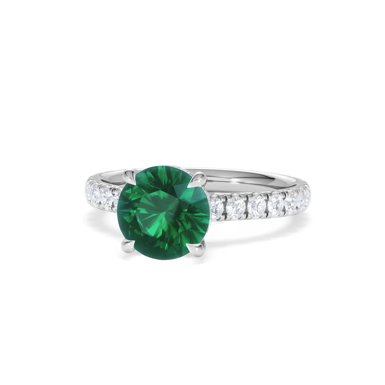 Amora 2.00ct Round Cut Lab Emerald Hidden Halo Engagement Ring with Side Stones in 18K White Gold - Image 85