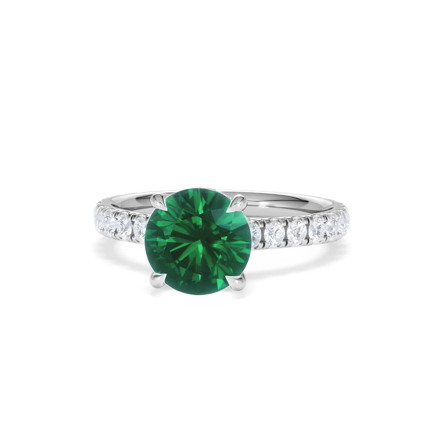 Amora 2.00ct Round Cut Lab Emerald Hidden Halo Engagement Ring with Side Stones in 18K White Gold - Image 86