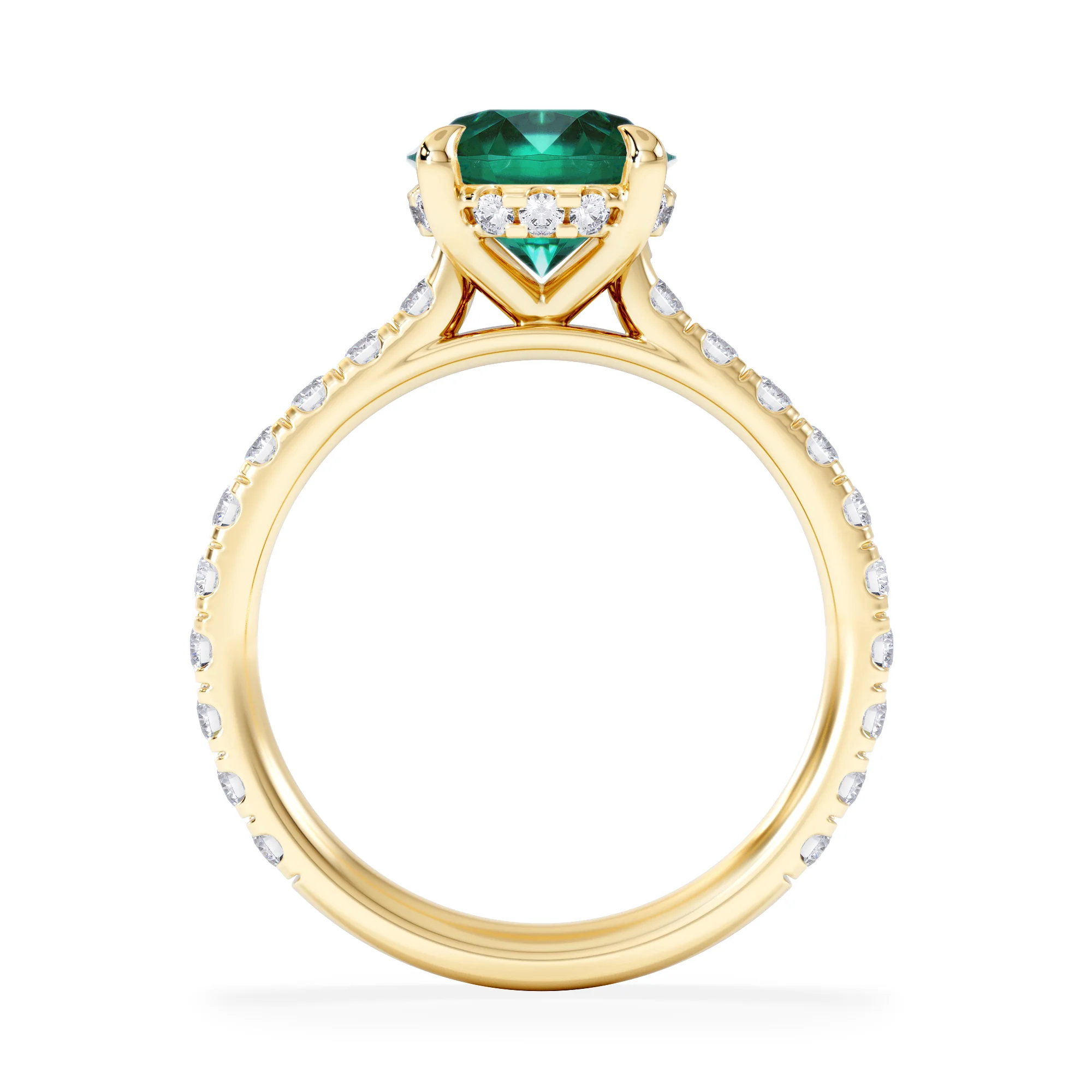 Amora 2.00ct Round Cut Lab Emerald Hidden Halo Engagement Ring with Side Stones in 18K Yellow Gold - Image 3