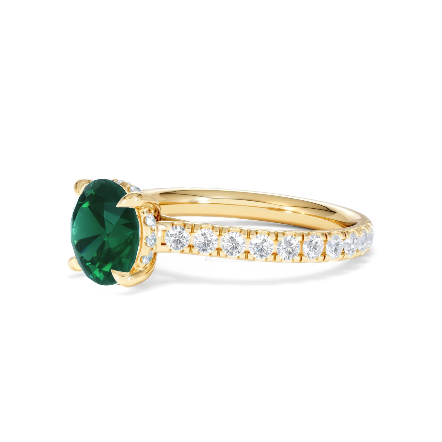 Amora 2.00ct Round Cut Lab Emerald Hidden Halo Engagement Ring with Side Stones in 18K Yellow Gold - Image 77