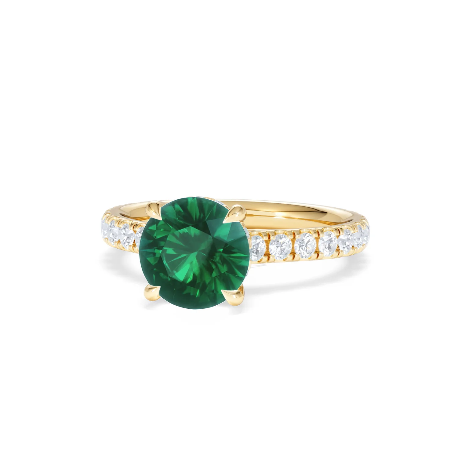 Amora 2.00ct Round Cut Lab Emerald Hidden Halo Engagement Ring with Side Stones in 18K Yellow Gold - Image 85