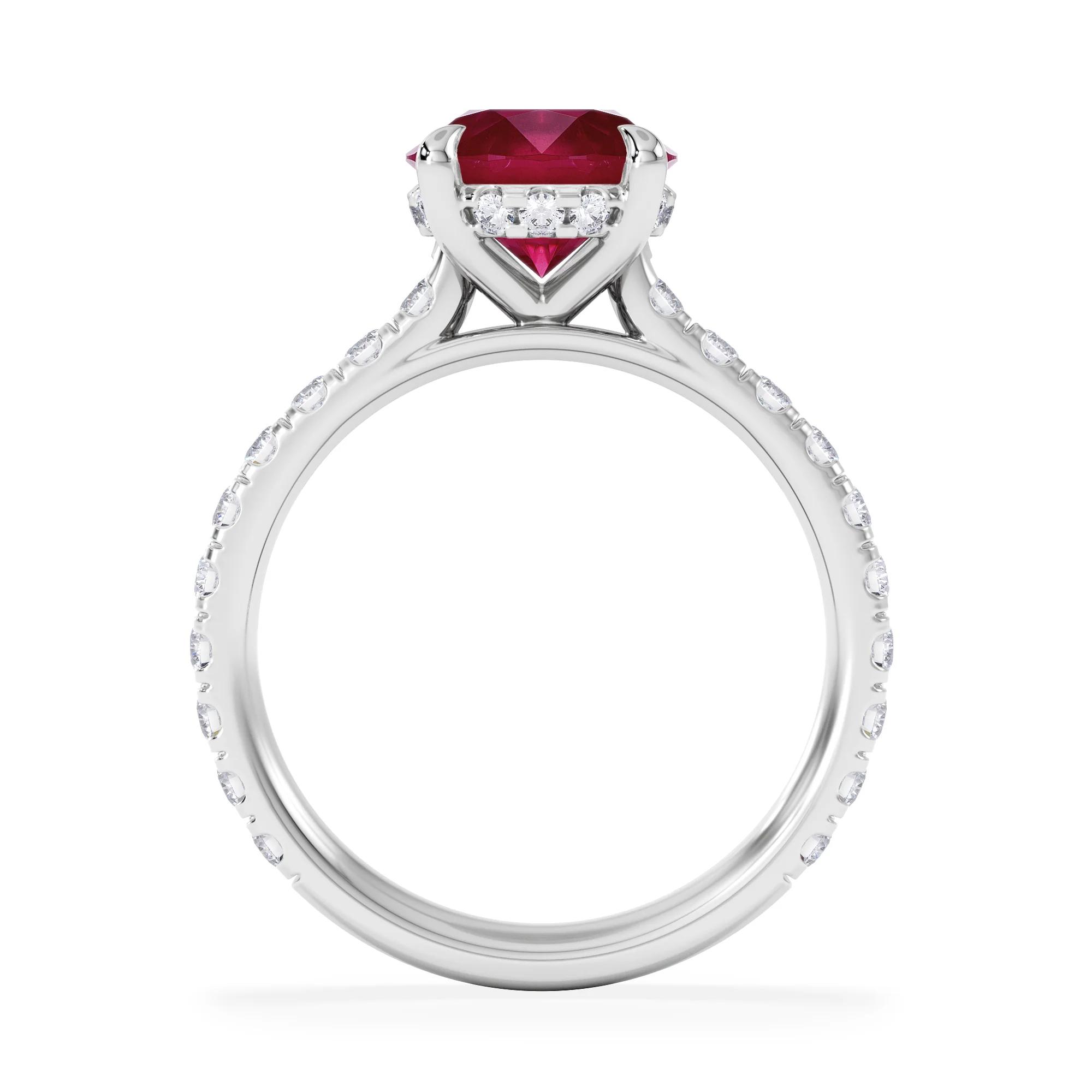 Amora 2.00ct Round Cut Lab Ruby Hidden Halo Engagement Ring with Side Stones in 18K White Gold - Image 3