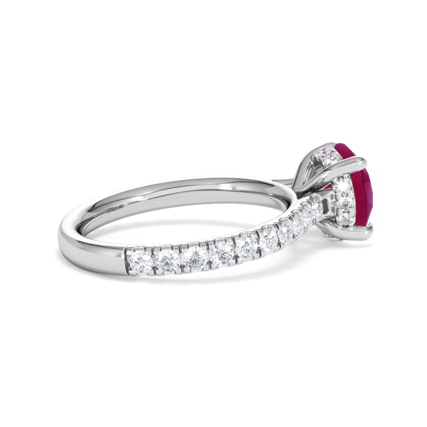 Amora 2.00ct Round Cut Lab Ruby Hidden Halo Engagement Ring with Side Stones in 18K White Gold - Image 33
