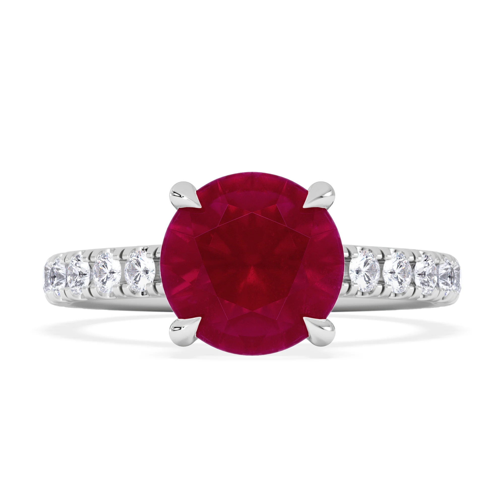 Amora 2.00ct Round Cut Lab Ruby Hidden Halo Engagement Ring with Side Stones in 18K White Gold - Image 7