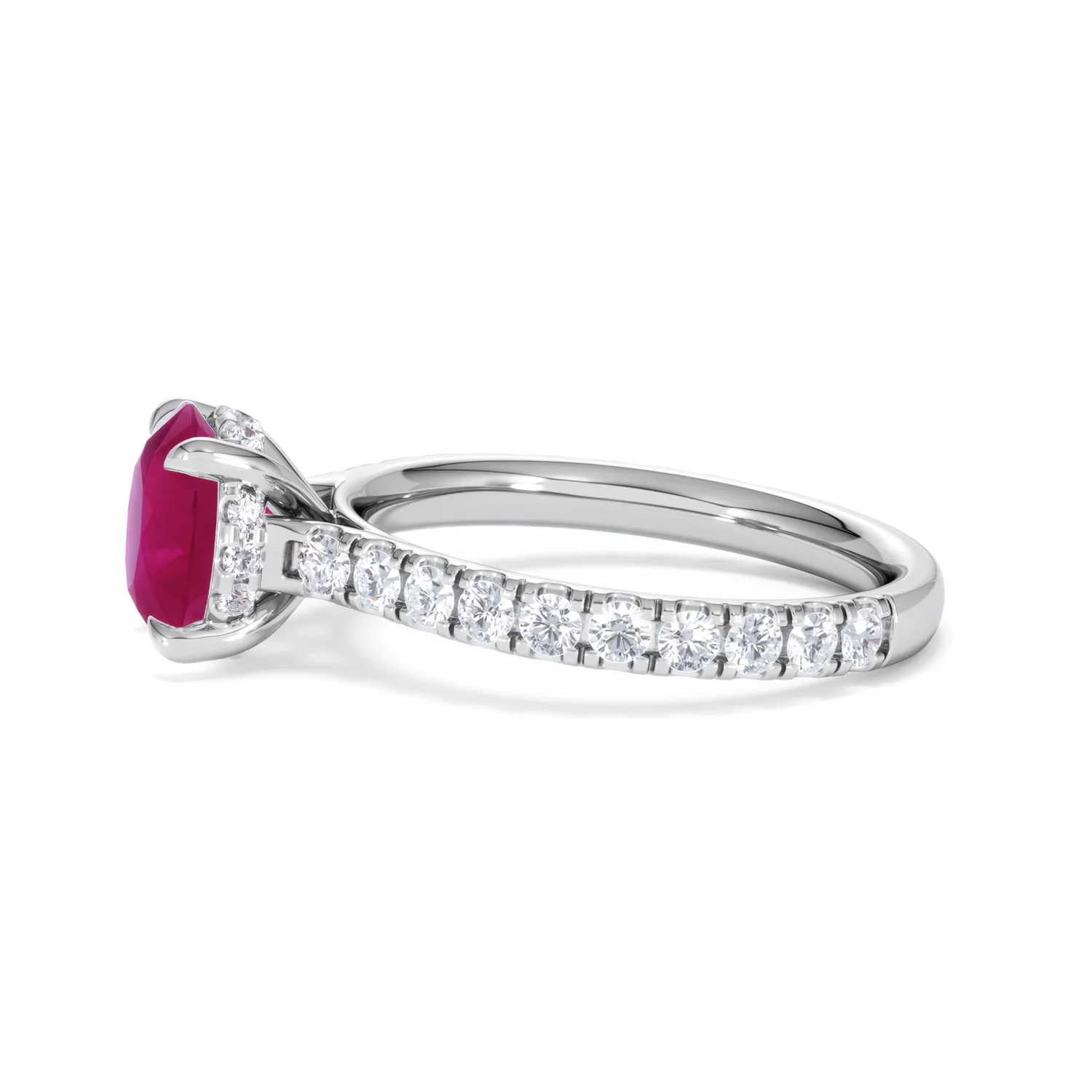 Amora 2.00ct Round Cut Lab Ruby Hidden Halo Engagement Ring with Side Stones in 18K White Gold - Image 71