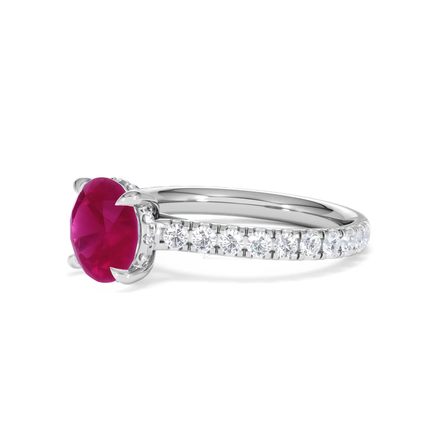 Amora 2.00ct Round Cut Lab Ruby Hidden Halo Engagement Ring with Side Stones in 18K White Gold - Image 78