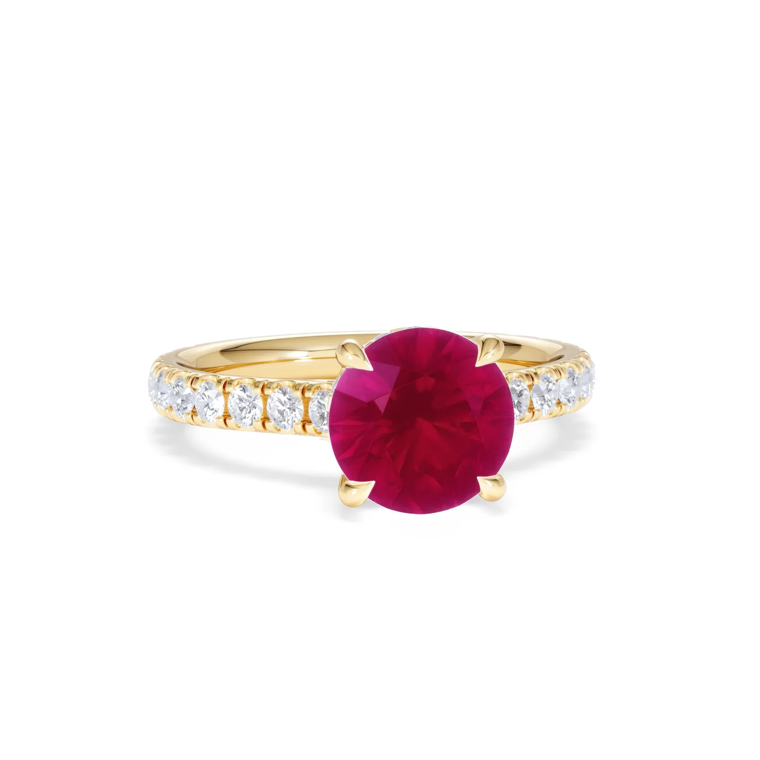 Amora 2.00ct Round Cut Lab Ruby Hidden Halo Engagement Ring with Side Stones in 18K Yellow Gold - Image 11