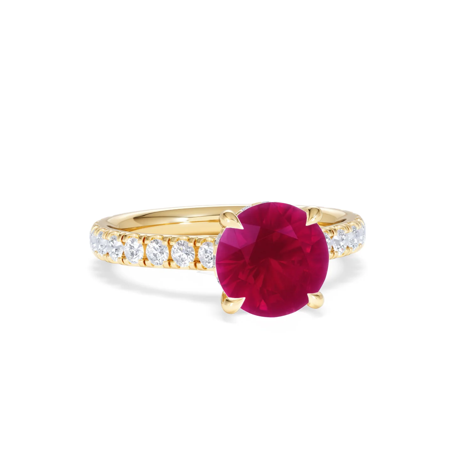 Amora 2.00ct Round Cut Lab Ruby Hidden Halo Engagement Ring with Side Stones in 18K Yellow Gold - Image 12