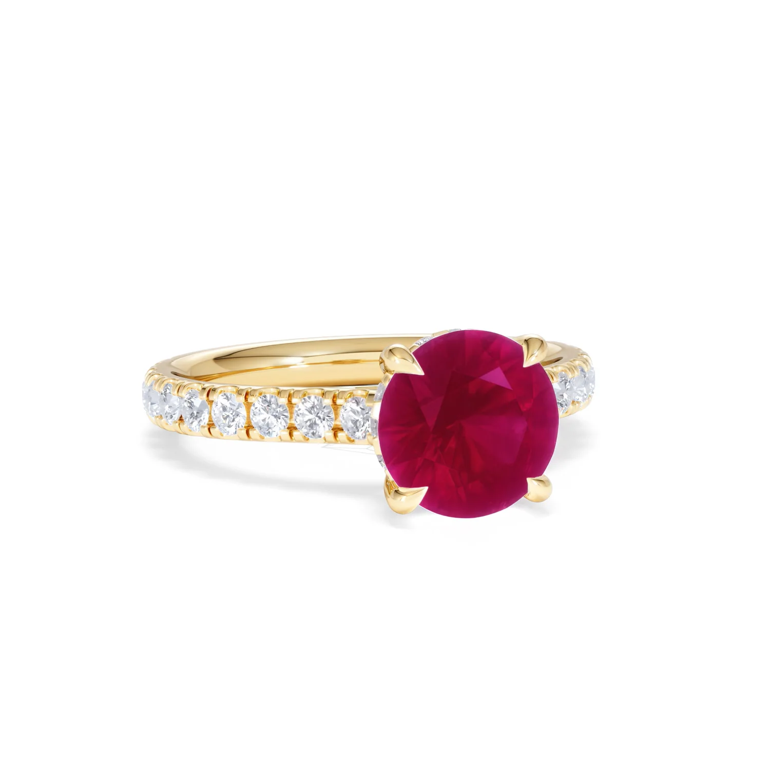 Amora 2.00ct Round Cut Lab Ruby Hidden Halo Engagement Ring with Side Stones in 18K Yellow Gold - Image 13