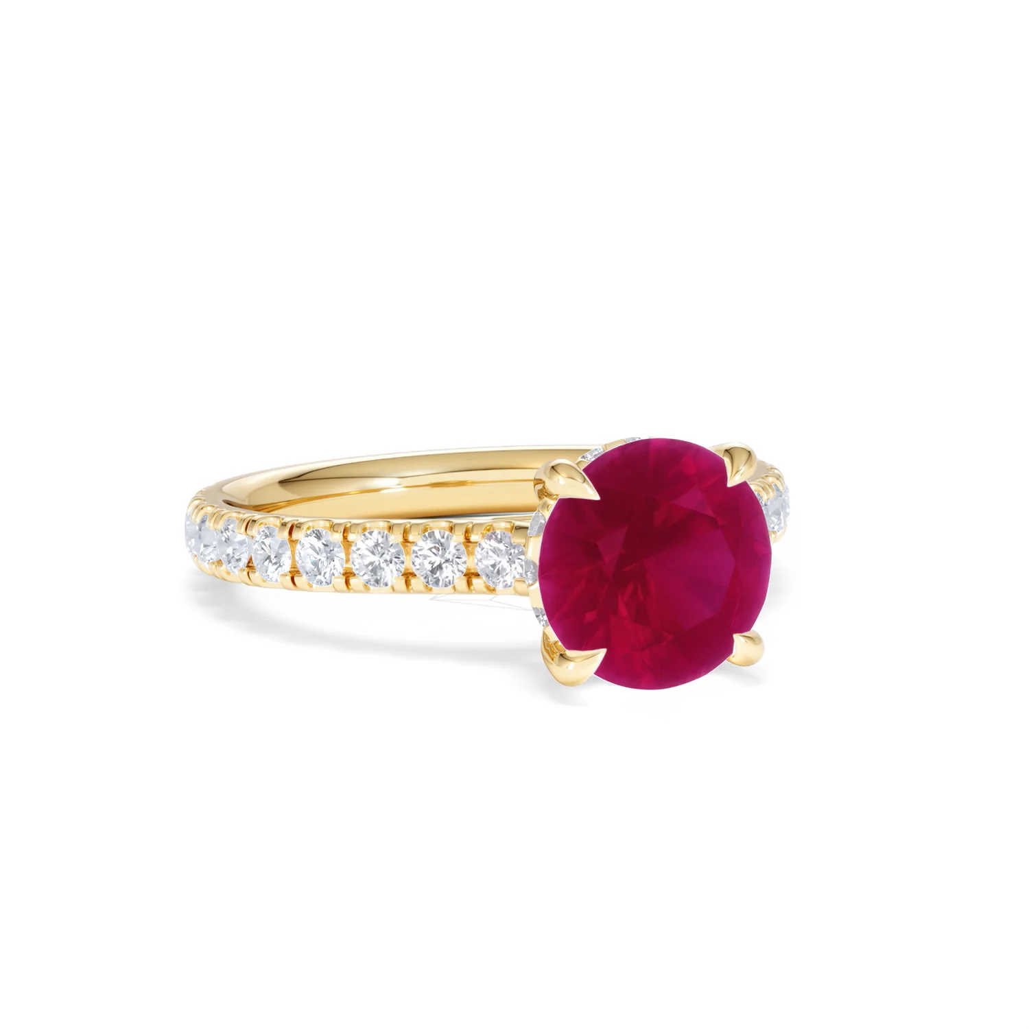 Amora 2.00ct Round Cut Lab Ruby Hidden Halo Engagement Ring with Side Stones in 18K Yellow Gold - Image 14